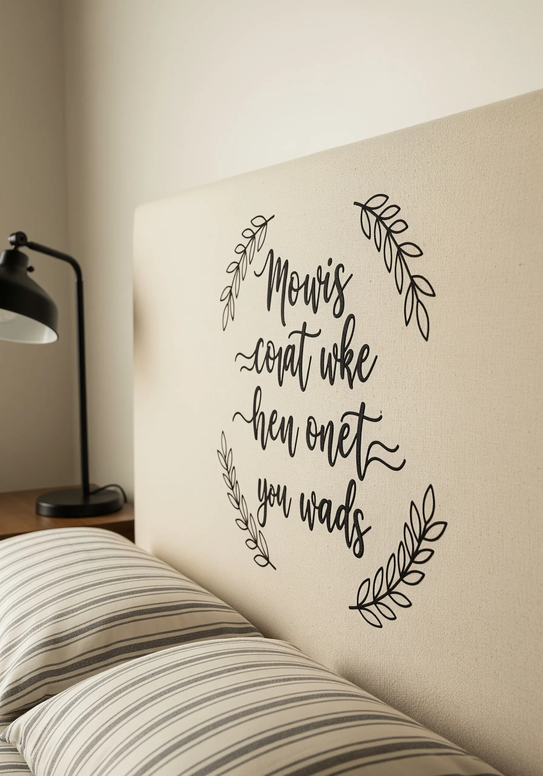 Canvas headboard with black embroidered calligraphy text