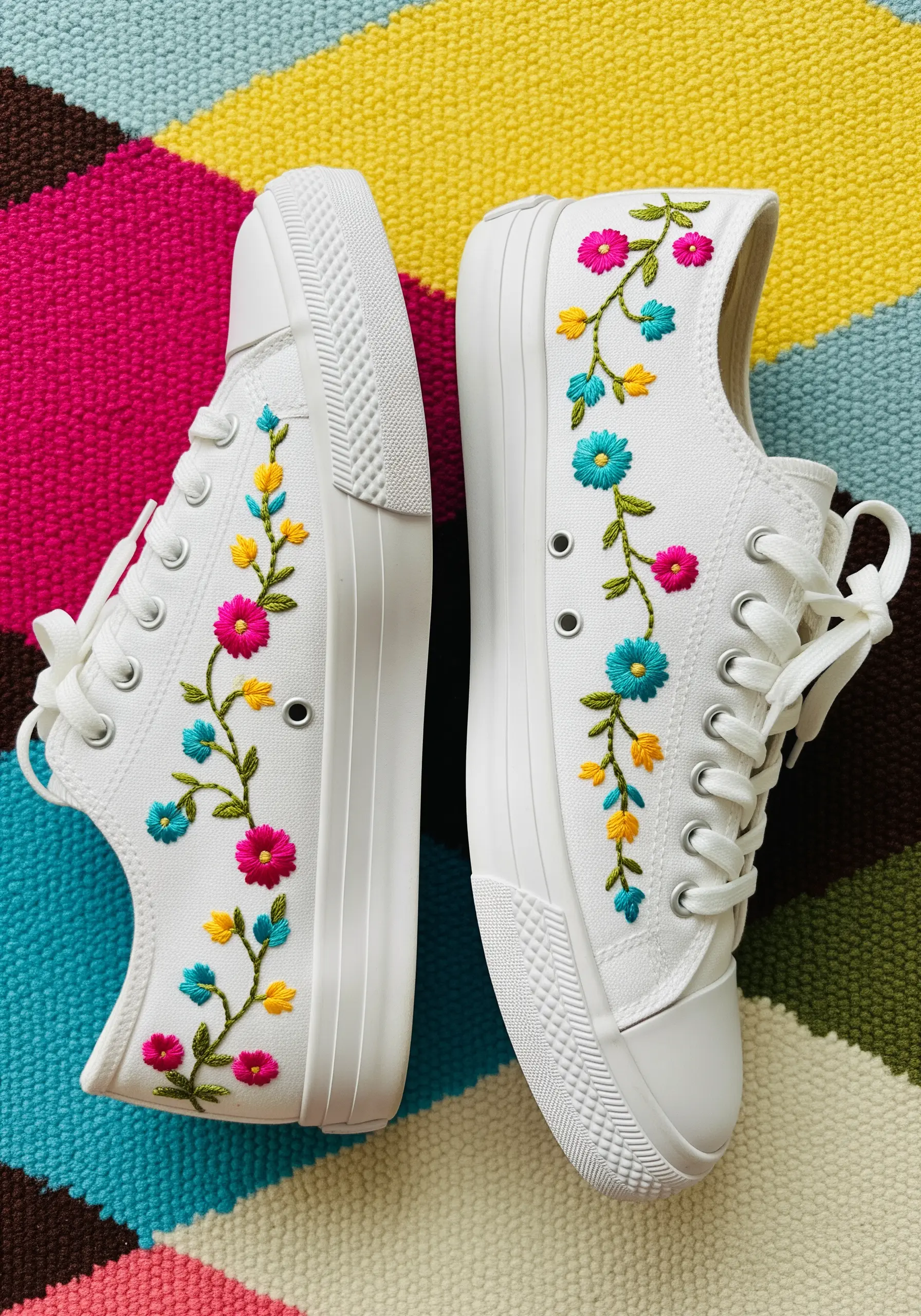 White canvas sneakers decorated with a vibrant, colorful floral vine embroidery design.