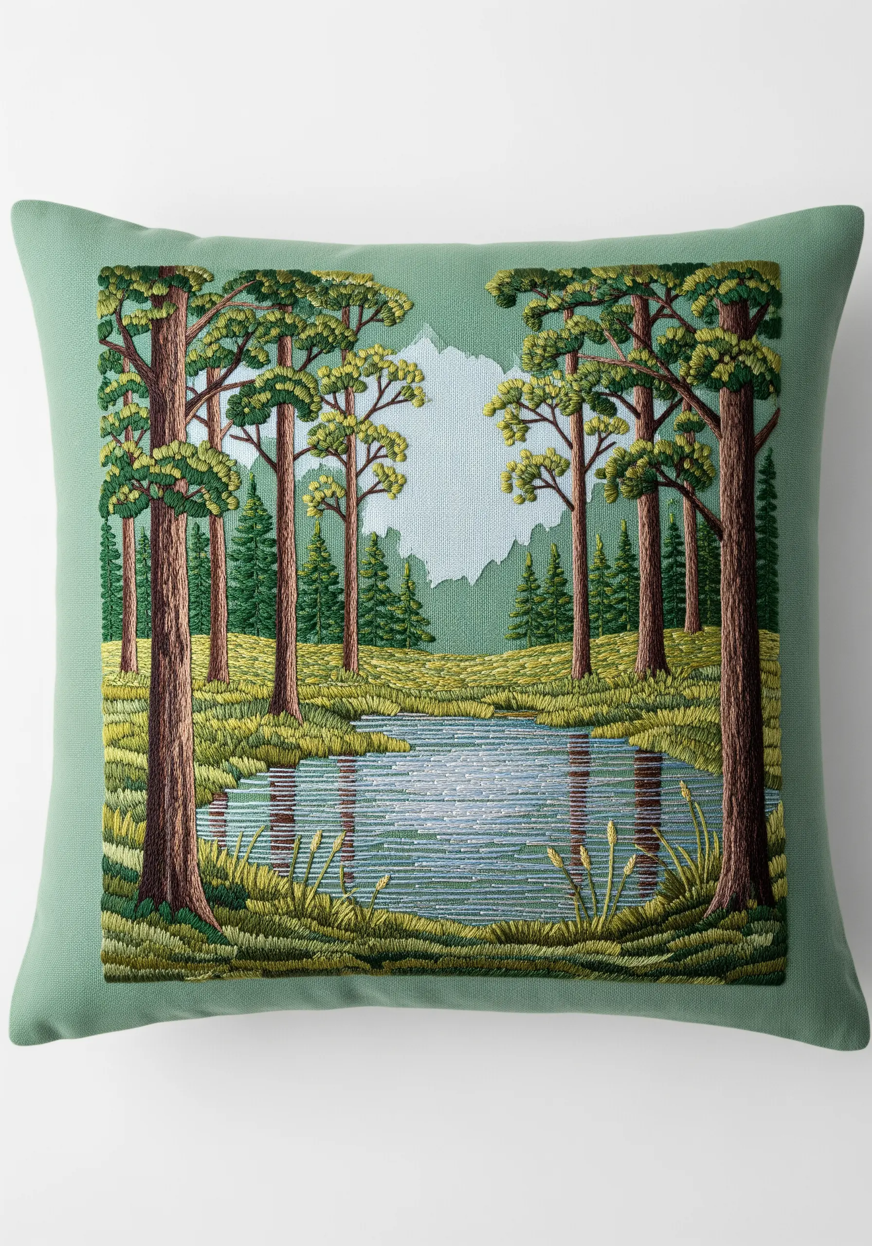 Embroidered forest scene with a calm lake perfectly reflecting the trees and sky.