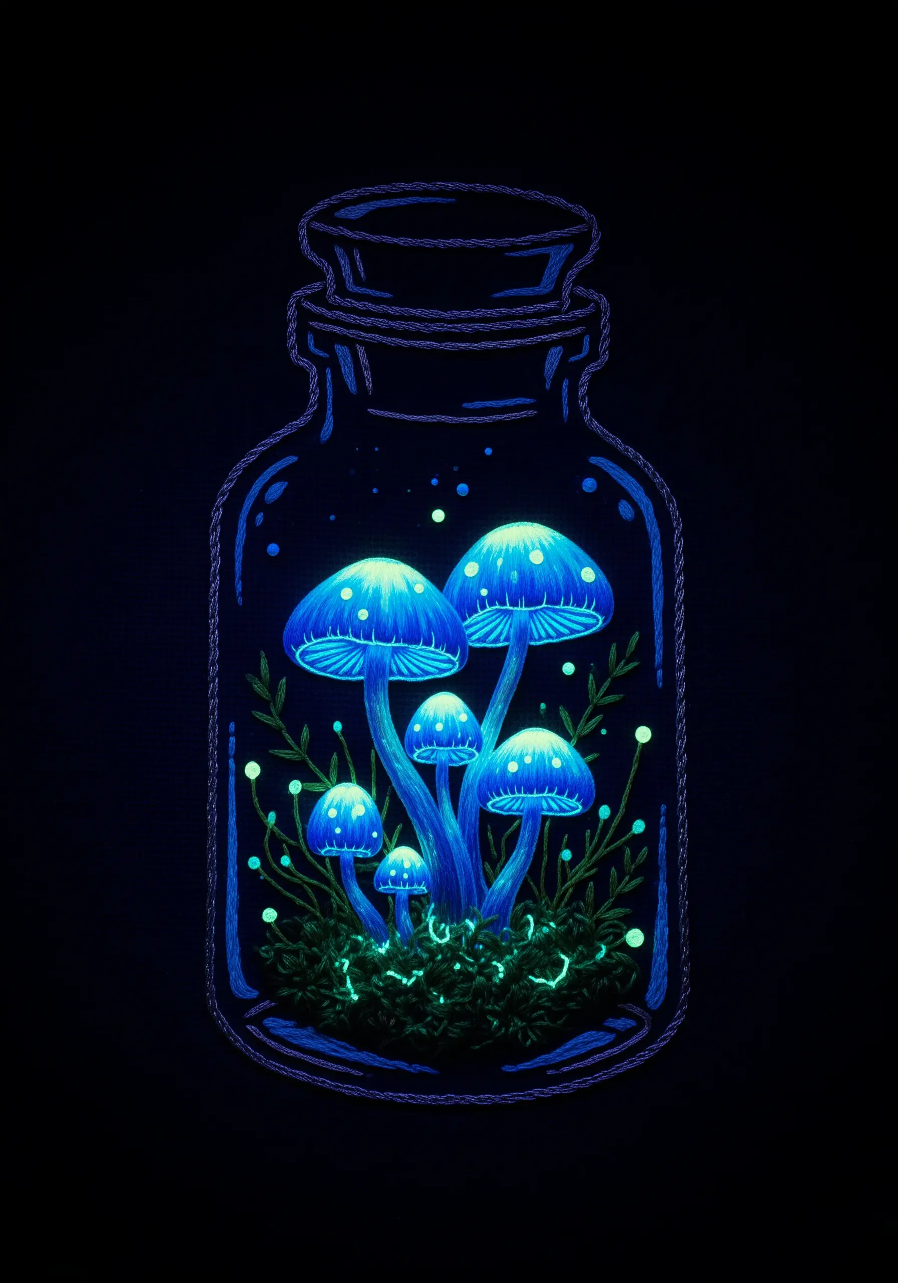 Glow-in-the-dark embroidery of blue mushrooms in a jar on black fabric