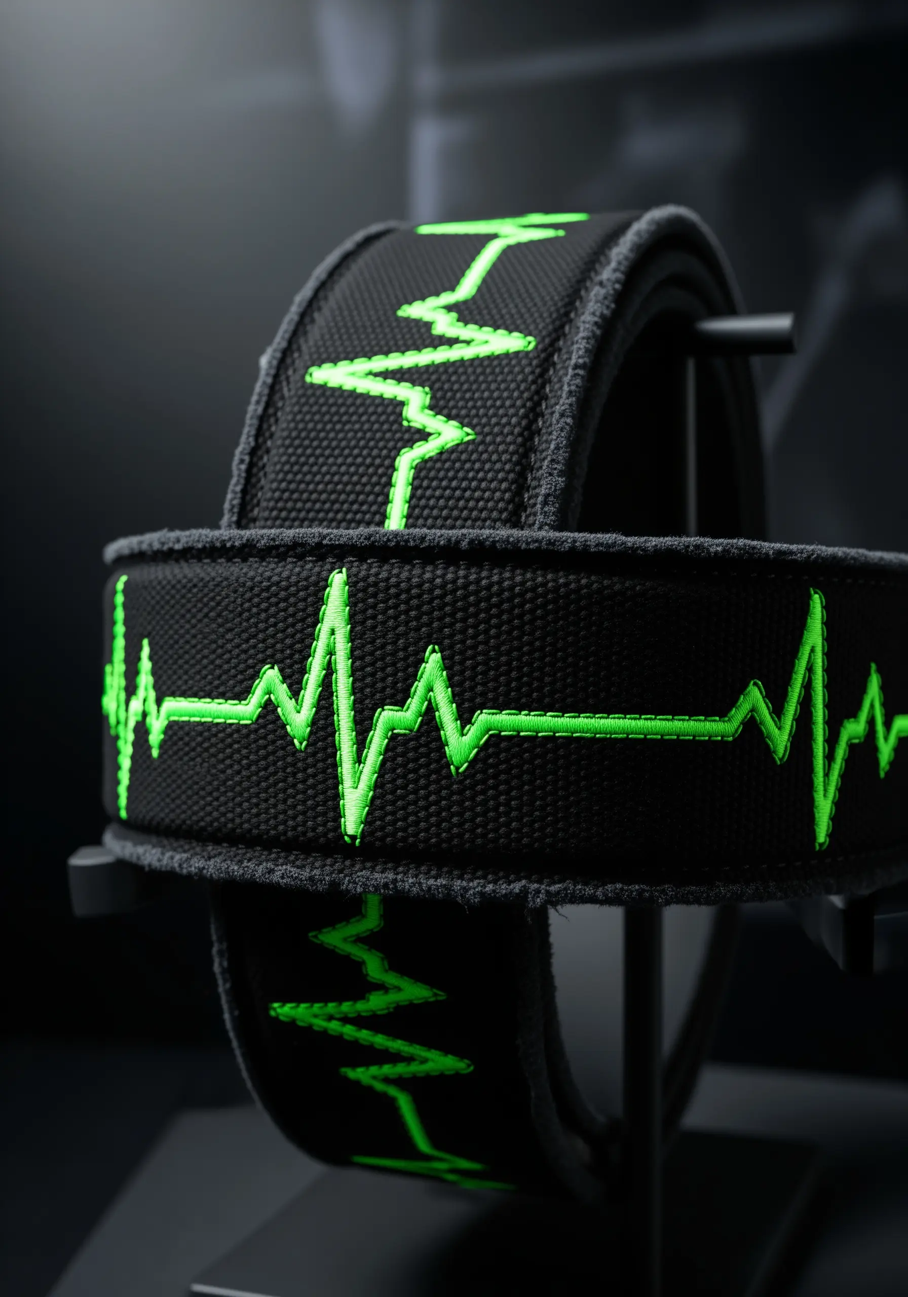 A neon green heartbeat (EKG) line embroidered around a black woven belt.