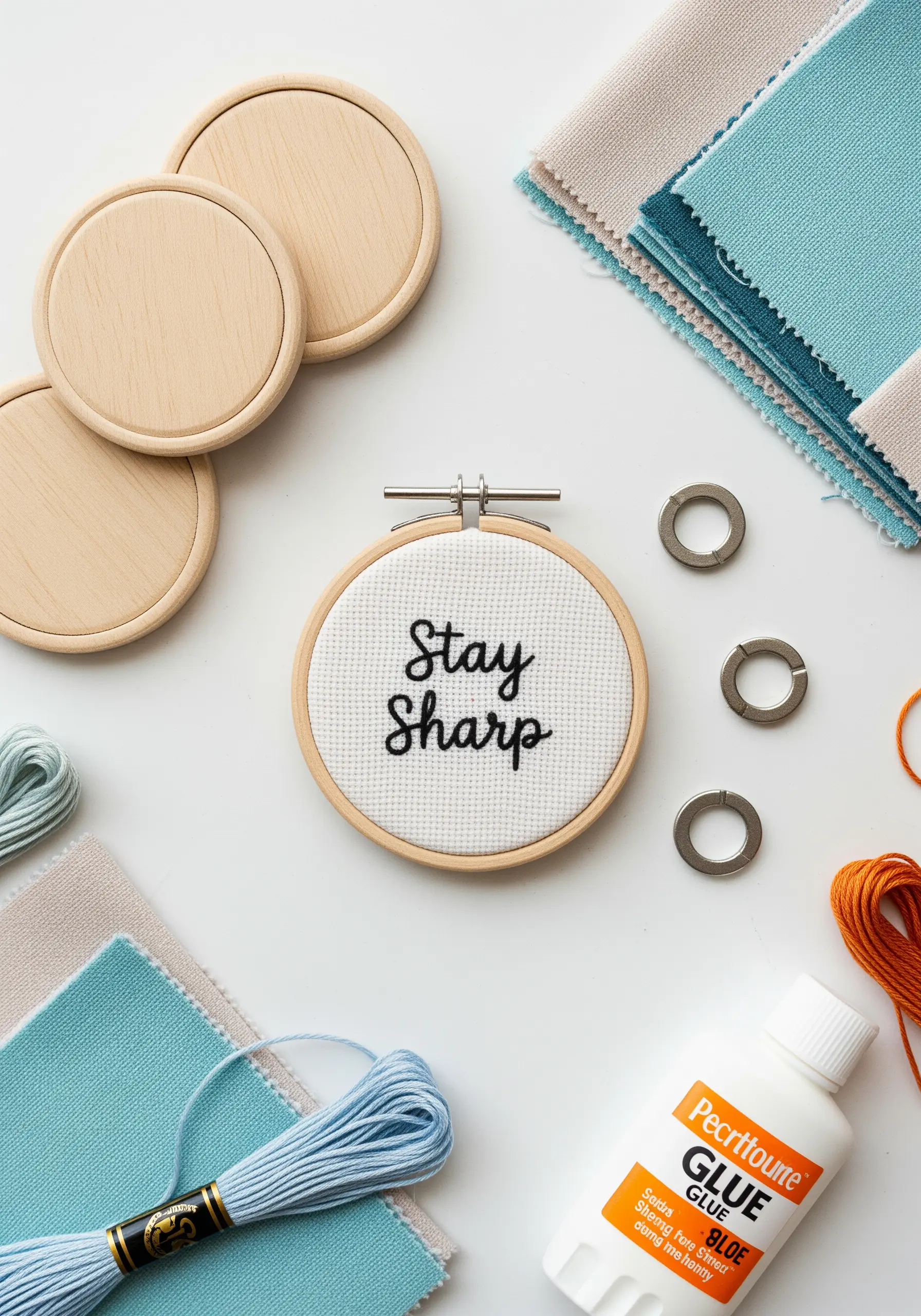 A small embroidery hoop with the words 'Stay Sharp' stitched in bold black thread.