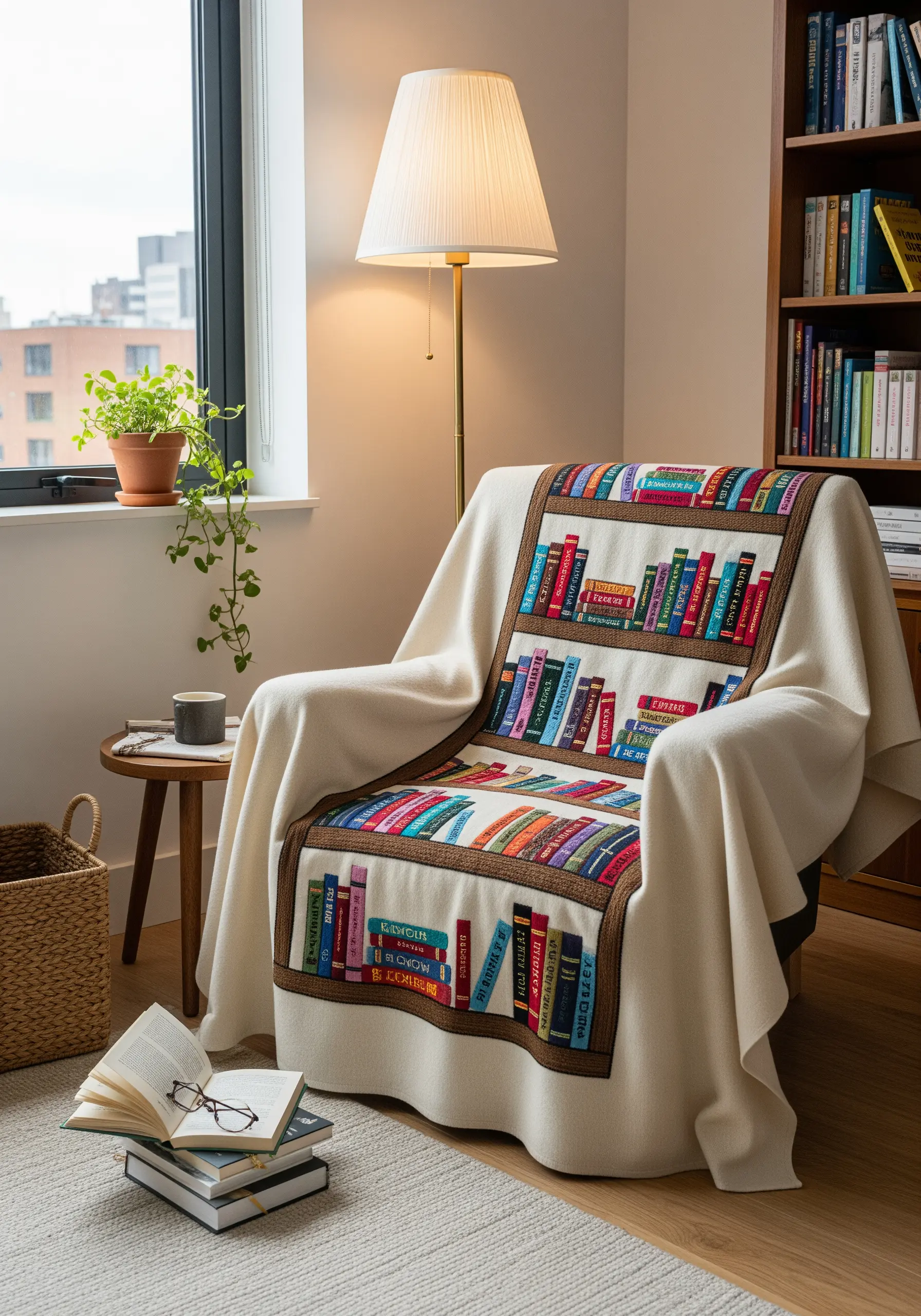A throw blanket with an embroidered panel depicting shelves of colorful books.