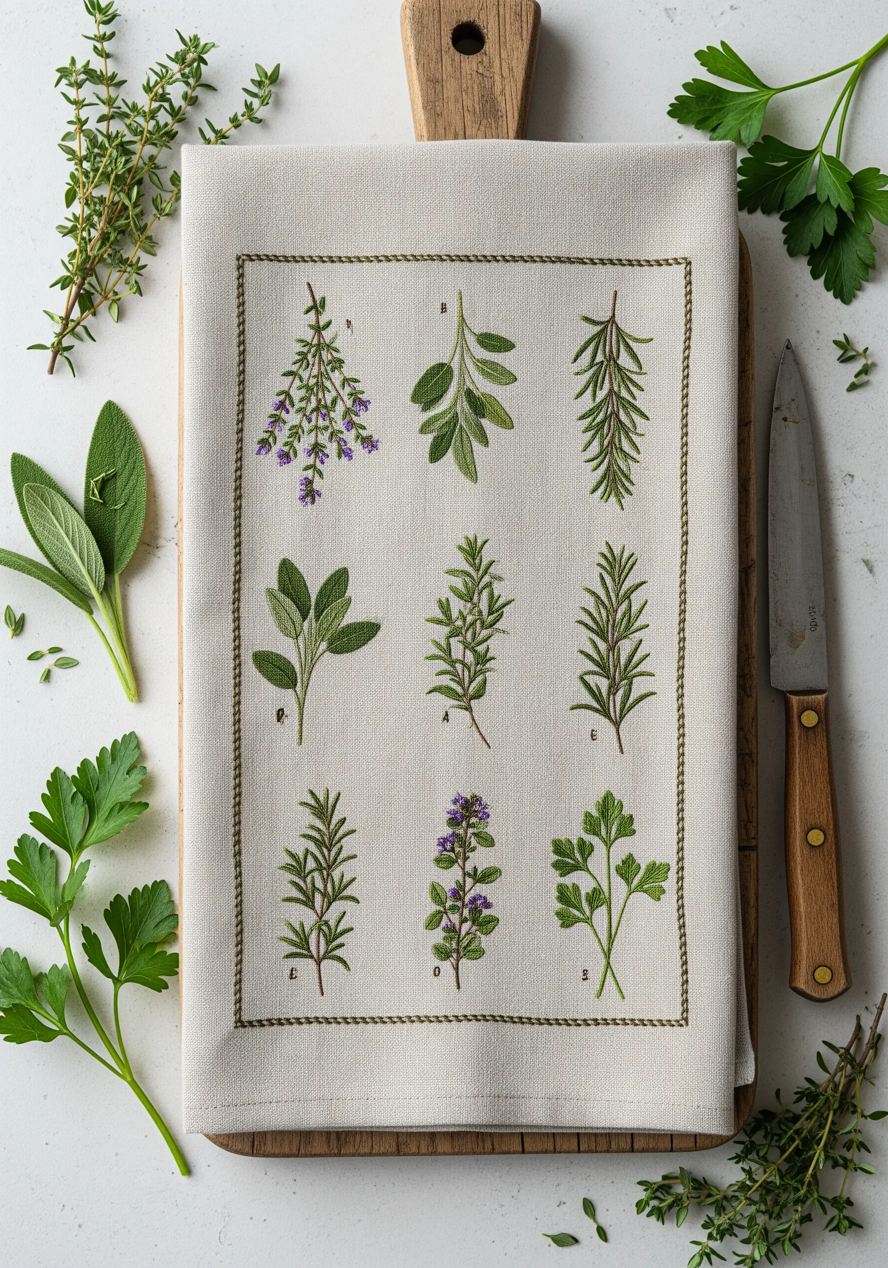 A tea towel embroidered with a grid of nine different culinary herbs.