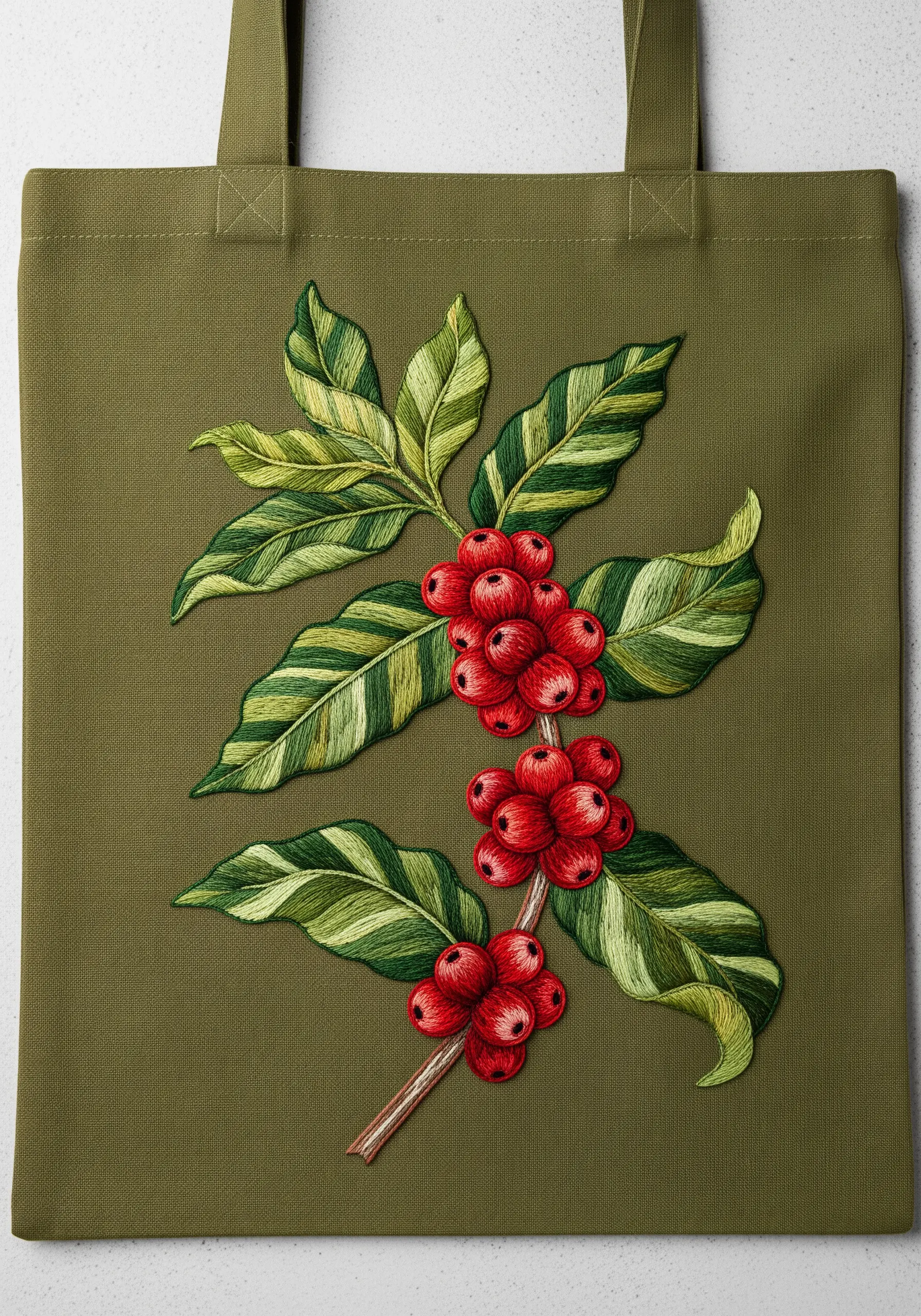 Embroidery of a coffee plant branch with vibrant green leaves and red coffee cherries.