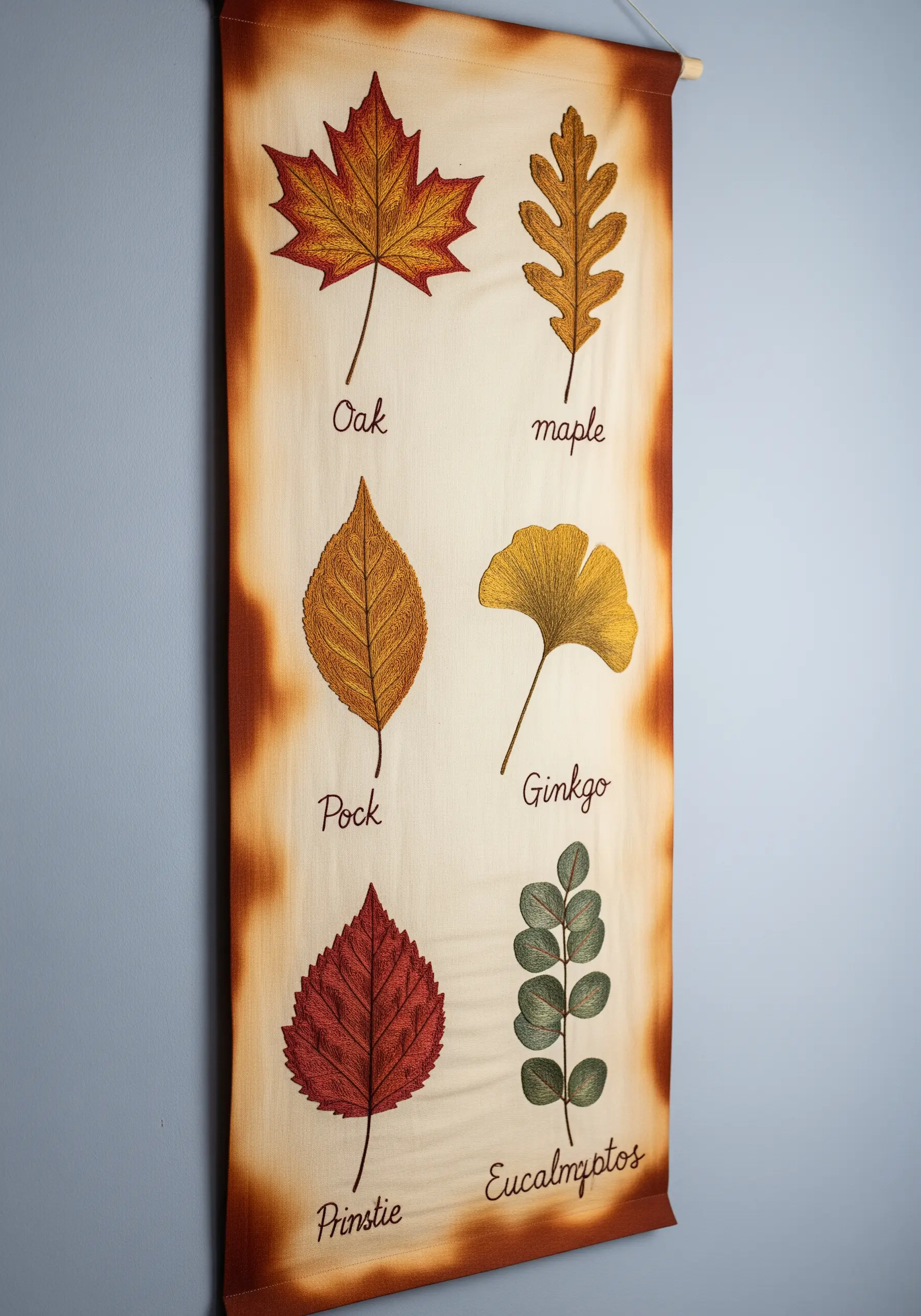 A wall hanging designed as a botanical chart, showing different embroidered autumn leaves.