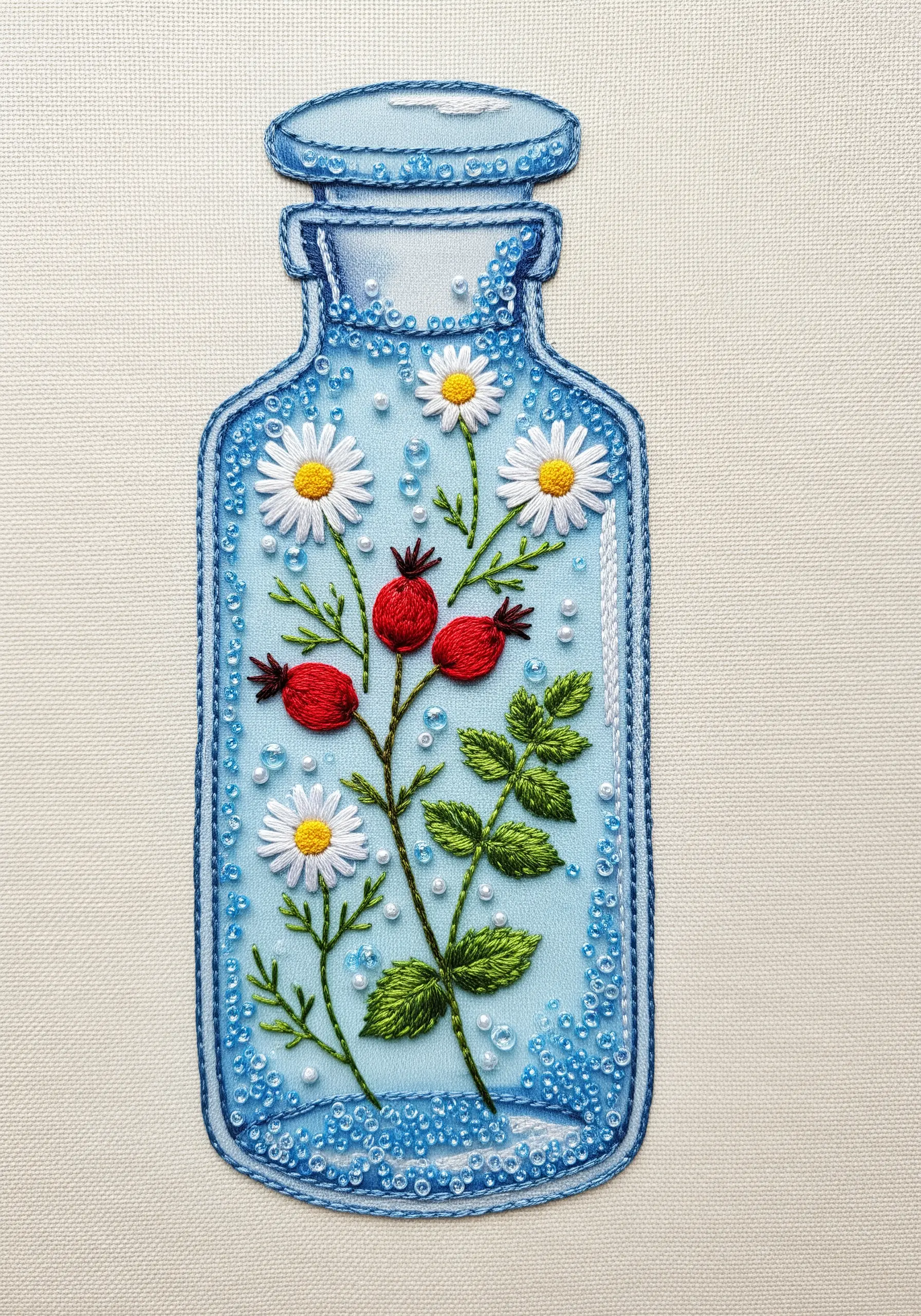 Embroidery of daisies and rosehips in a blue bottle with small white beads