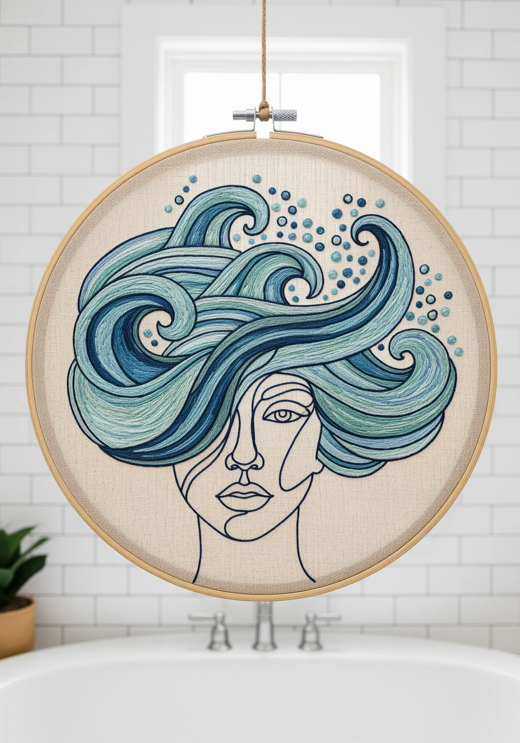 Line art face with hair made of flowing, embroidered waves in shades of blue.
