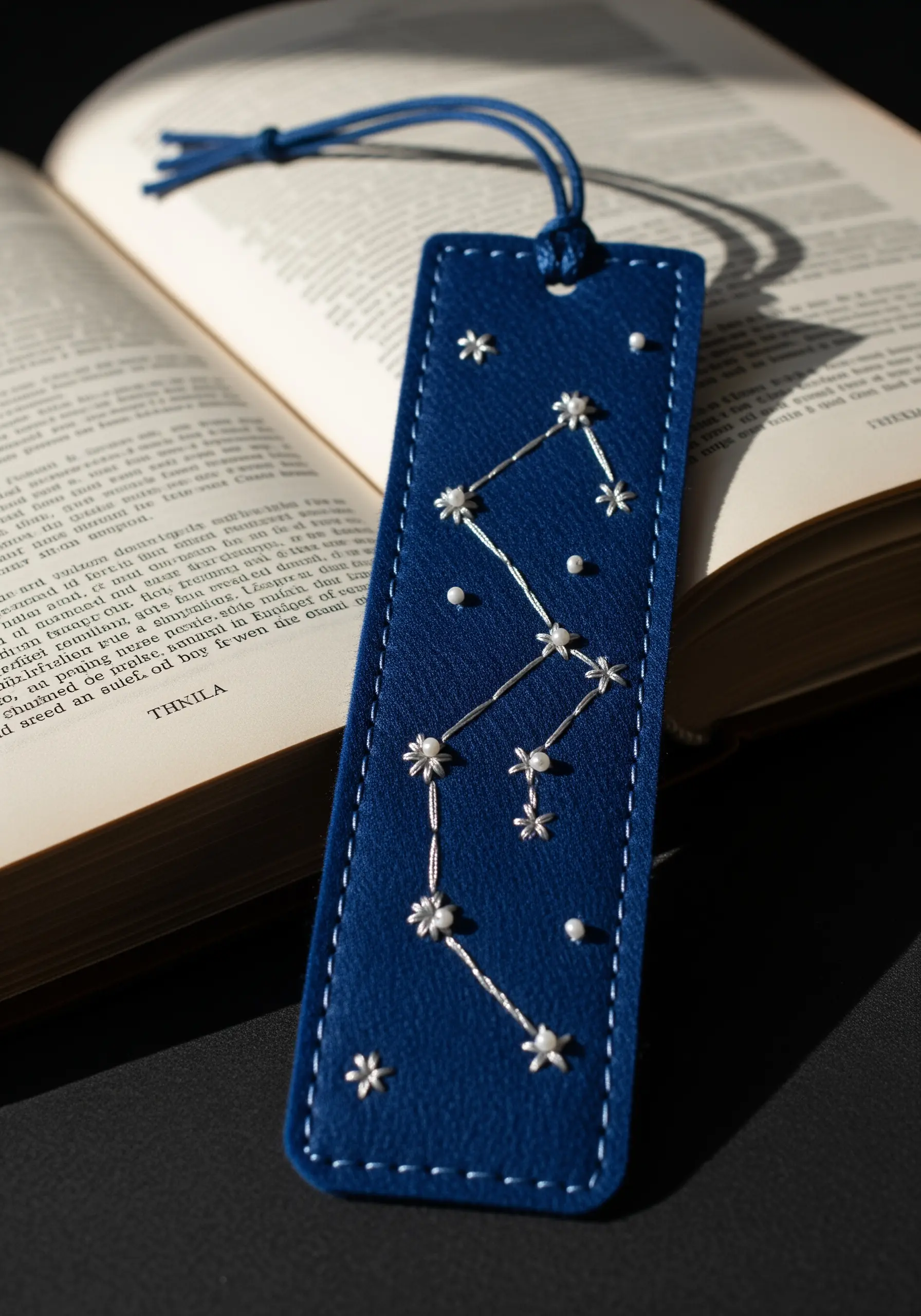 A constellation embroidered with silver thread and pearls on a dark blue faux leather bookmark.