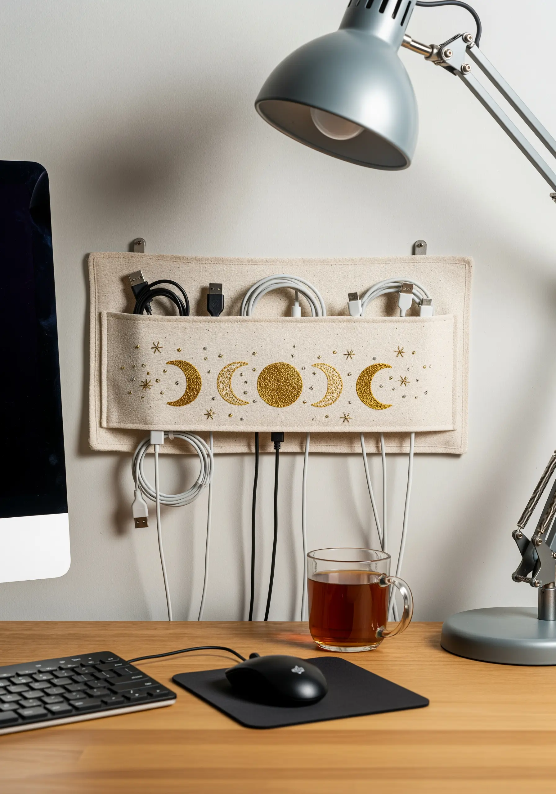 A wall-mounted cable organizer with gold embroidered moon phases.