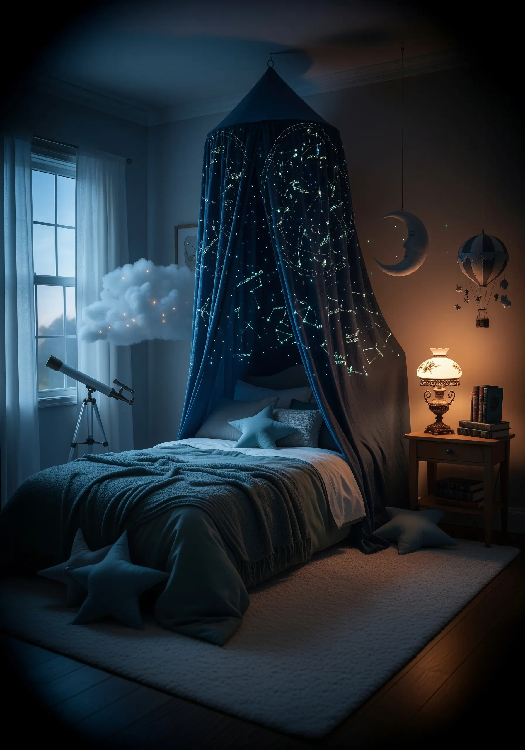 Bed canopy embroidered with glow-in-the-dark thread showing celestial constellations.