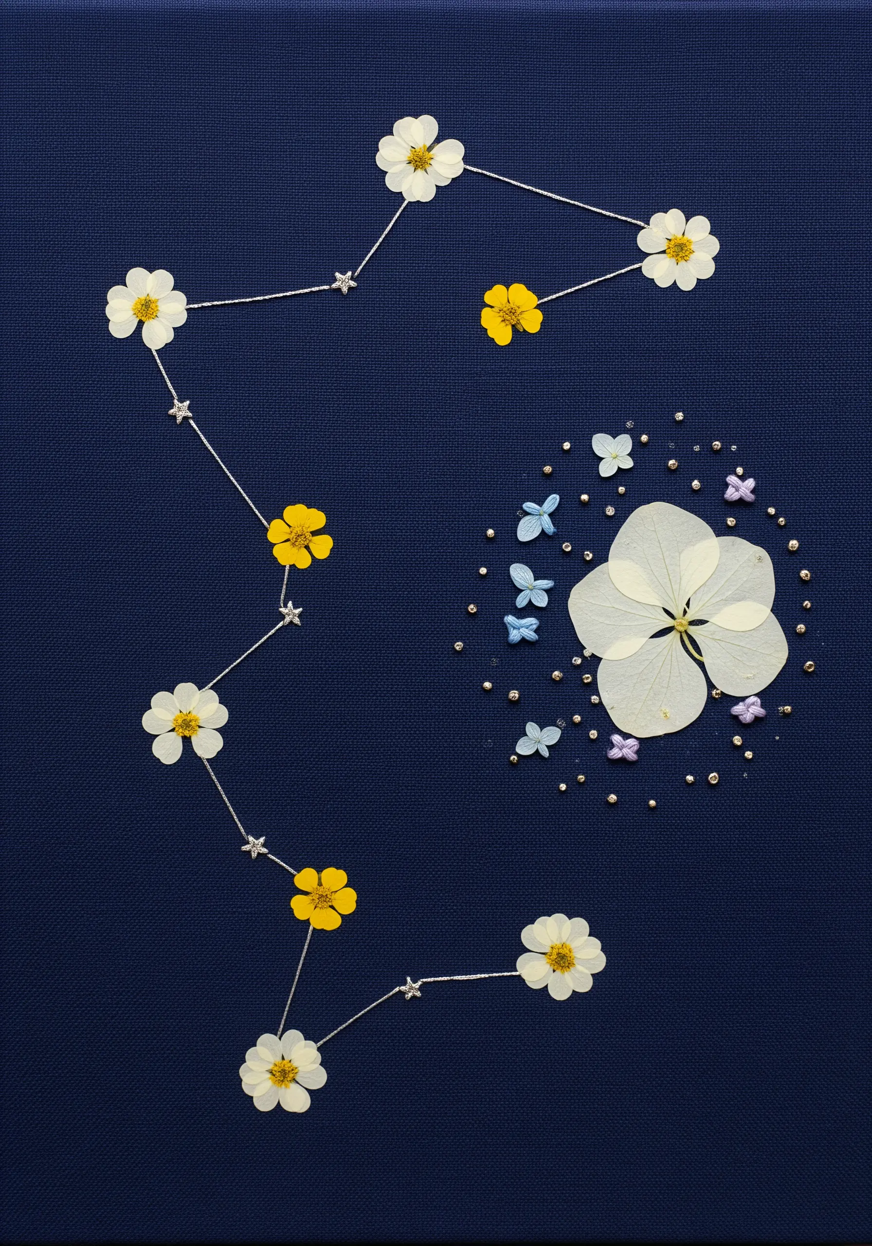 Pressed flowers arranged as a constellation on dark blue fabric, connected by silver thread.