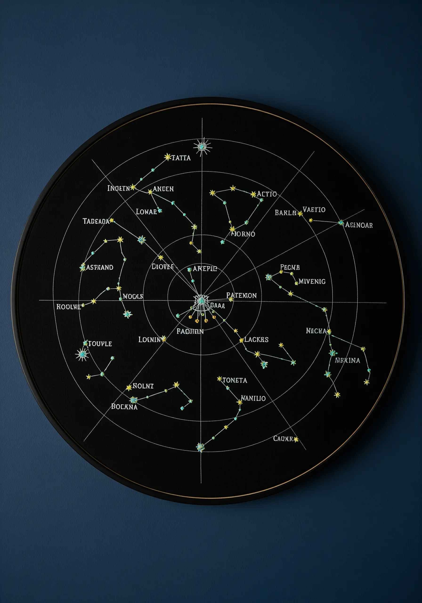 A detailed embroidery of a celestial star map on black fabric inside a round black frame.