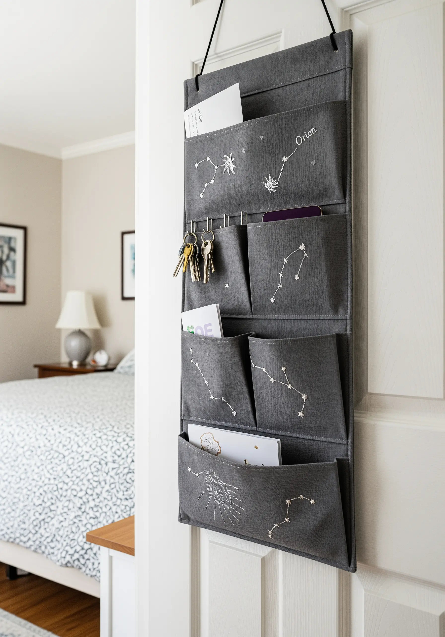 A grey hanging wall organizer embroidered with white thread depicting various constellations.