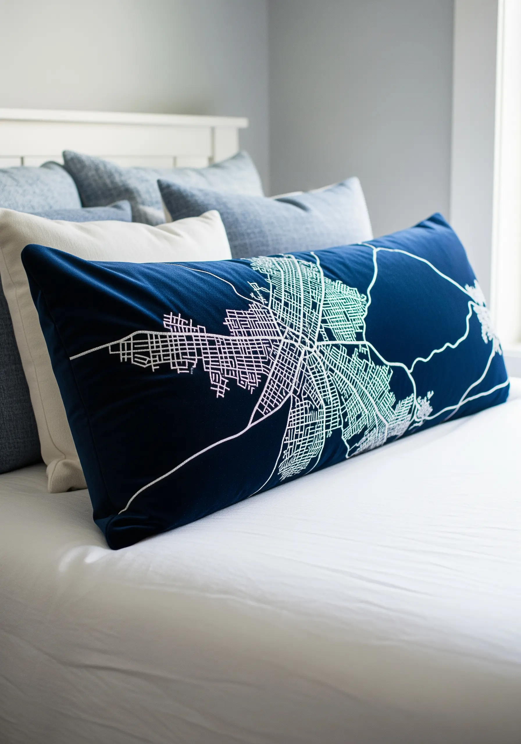 A dark blue velvet lumbar pillow embroidered with the intricate white and green lines of a city map.