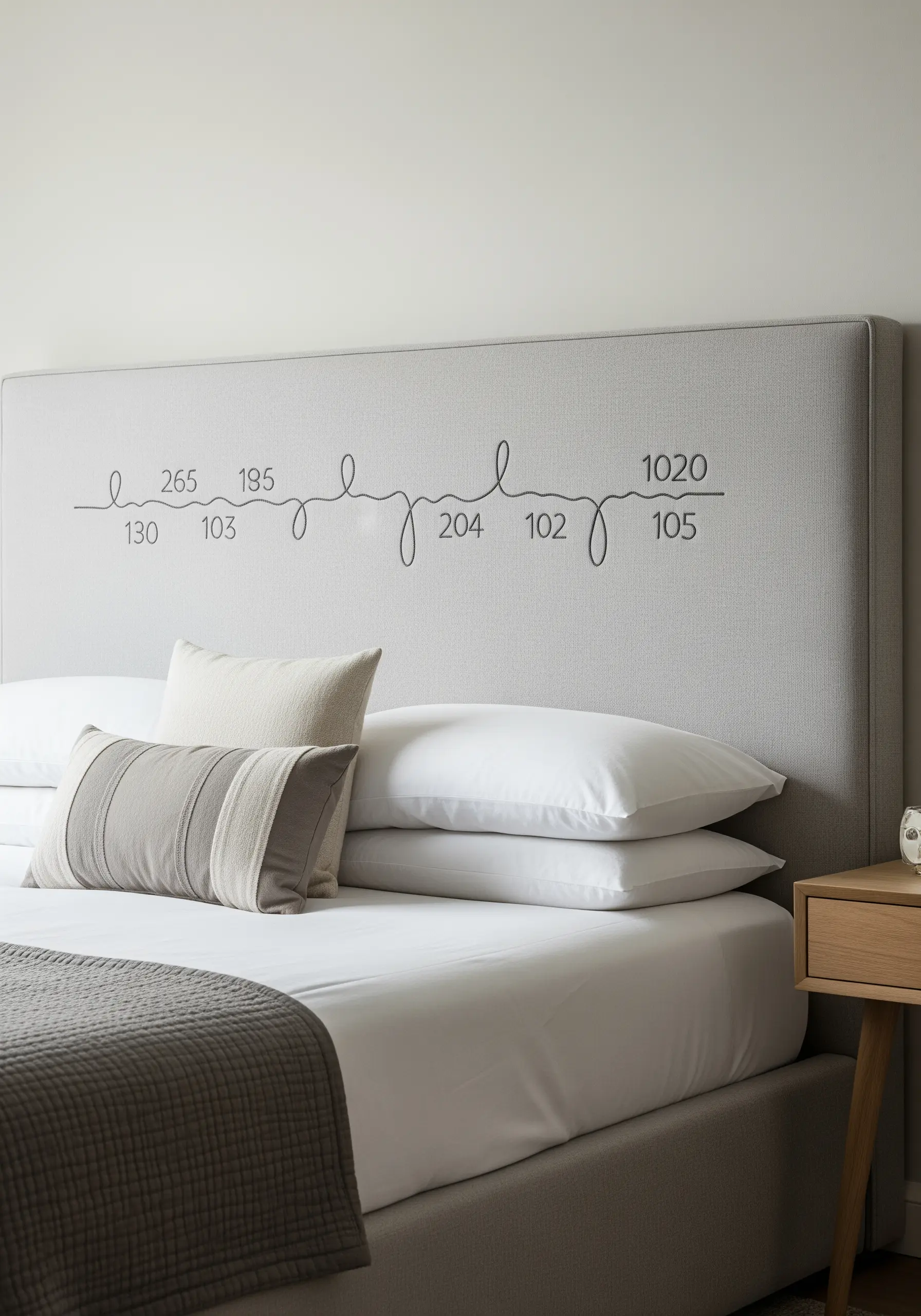A grey upholstered headboard with a minimalist embroidered line and numbers.