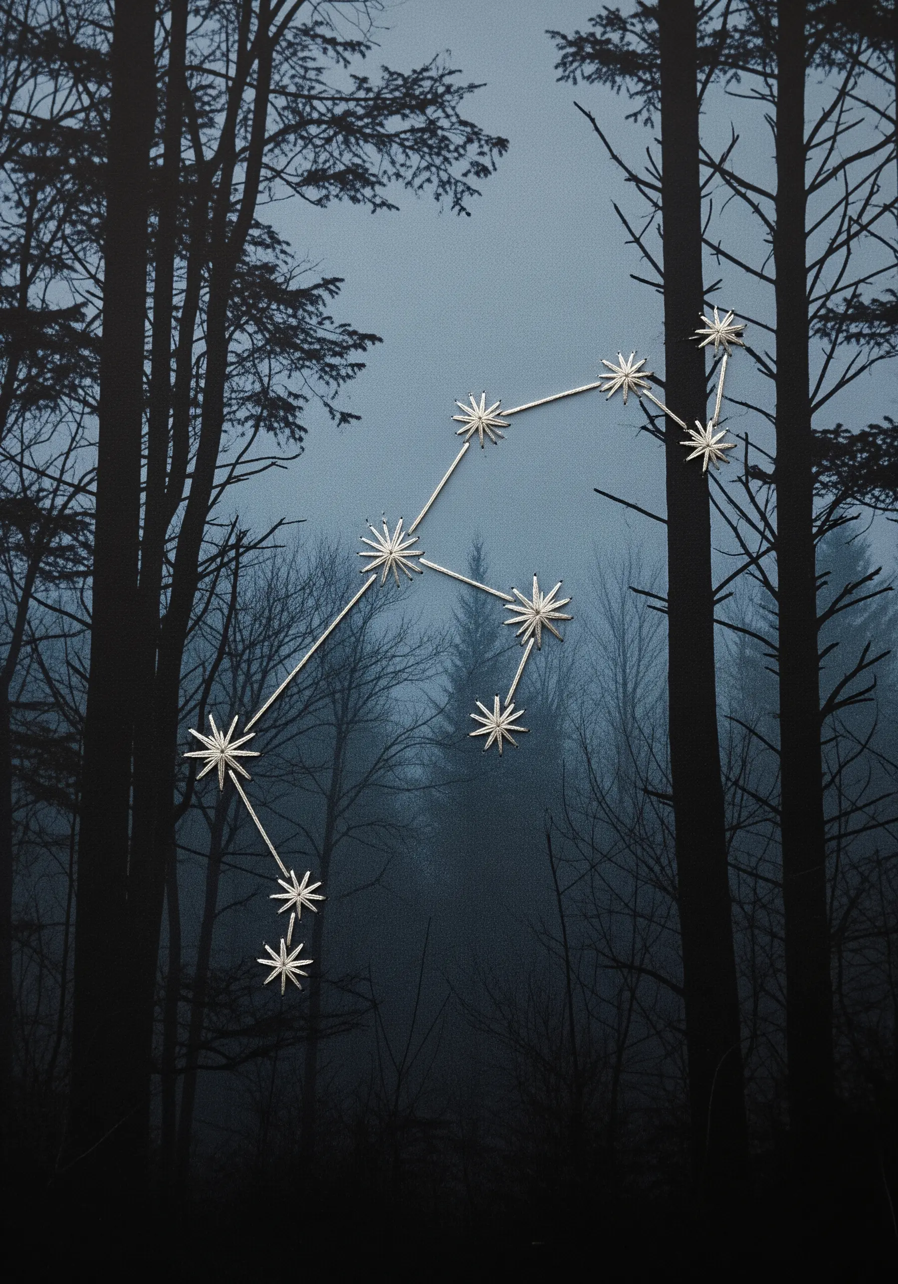 A white-thread constellation stitched over a moody photograph of a forest at dusk.