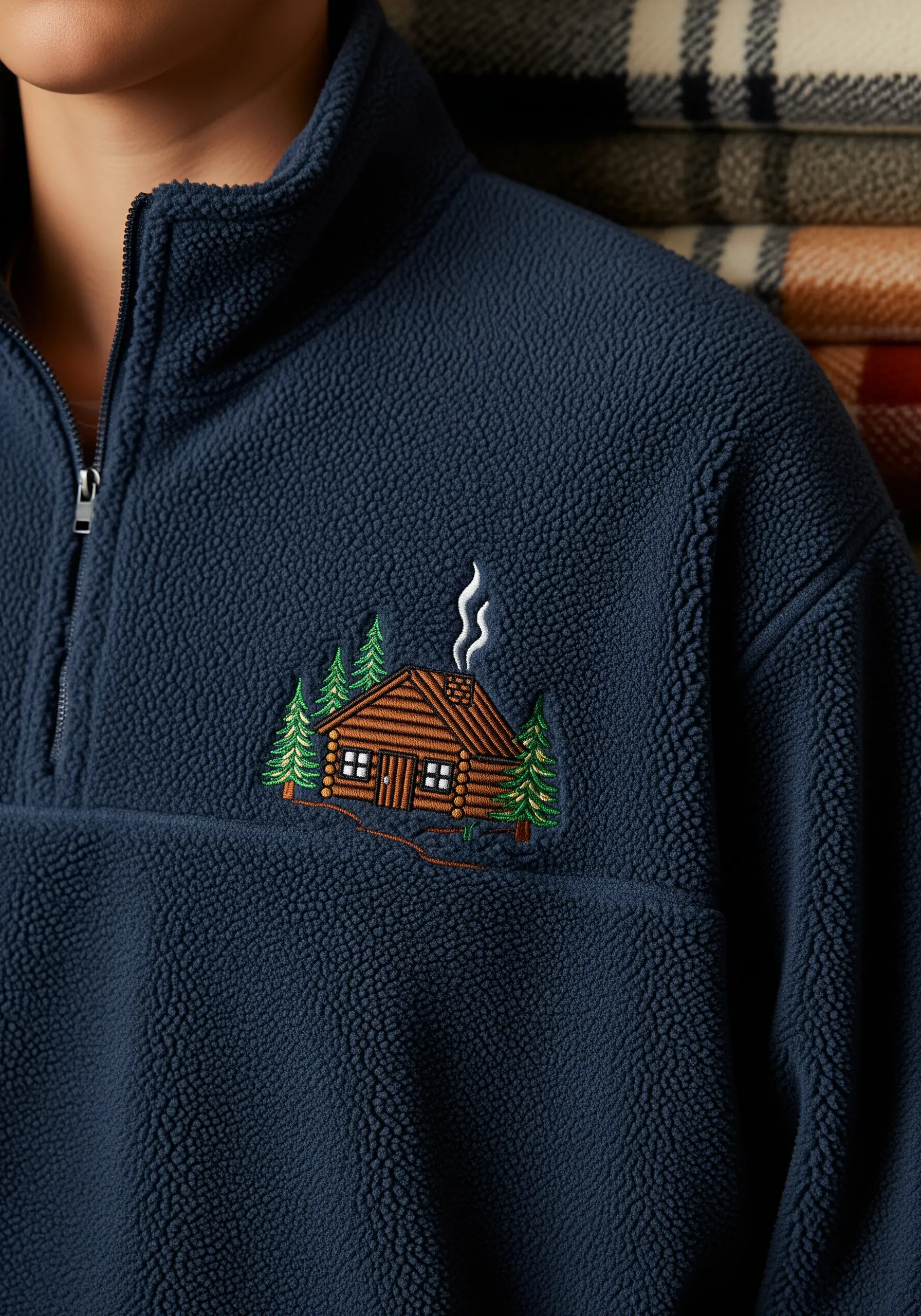 A small embroidered log cabin scene on the chest of a navy blue fleece pullover.