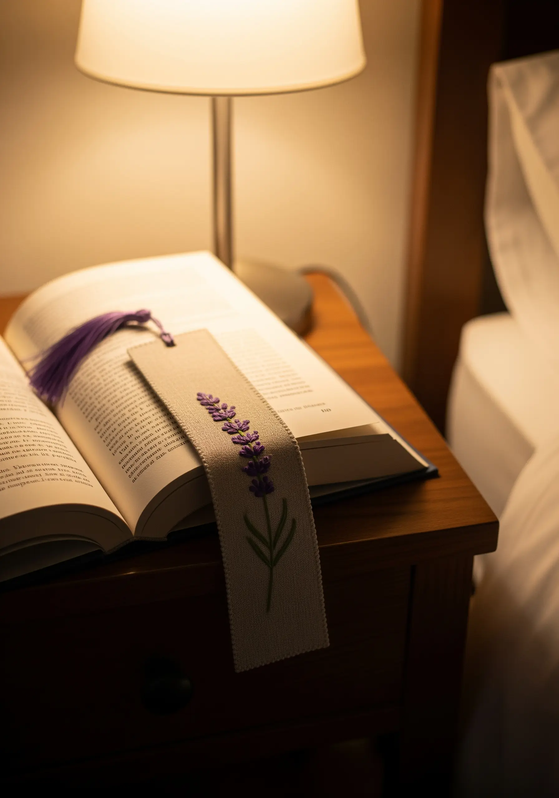 A handmade bookmark with an embroidered lavender stalk resting on an open book.