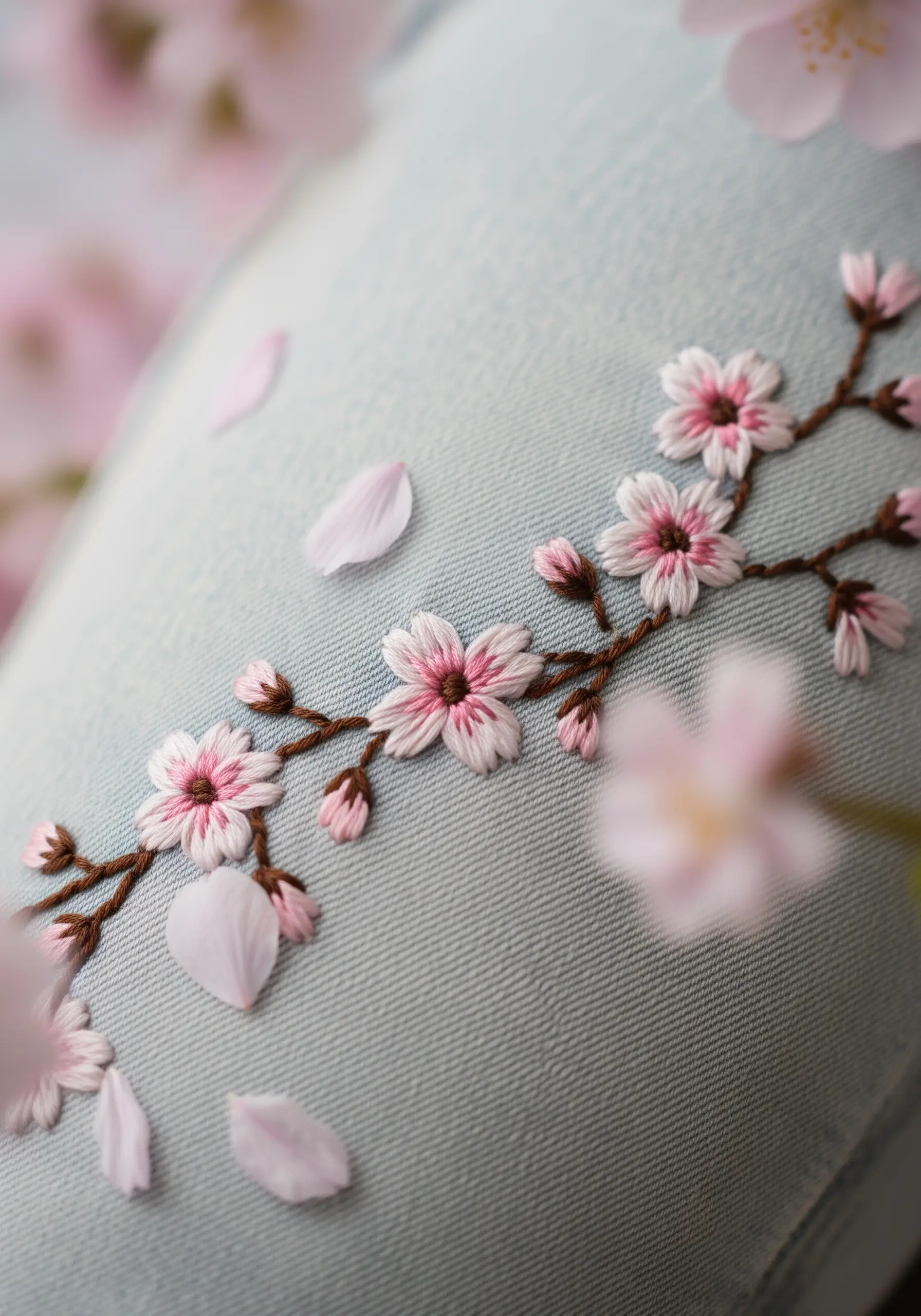 Delicate cherry blossoms with pink and white petals embroidered directly onto light wash denim.