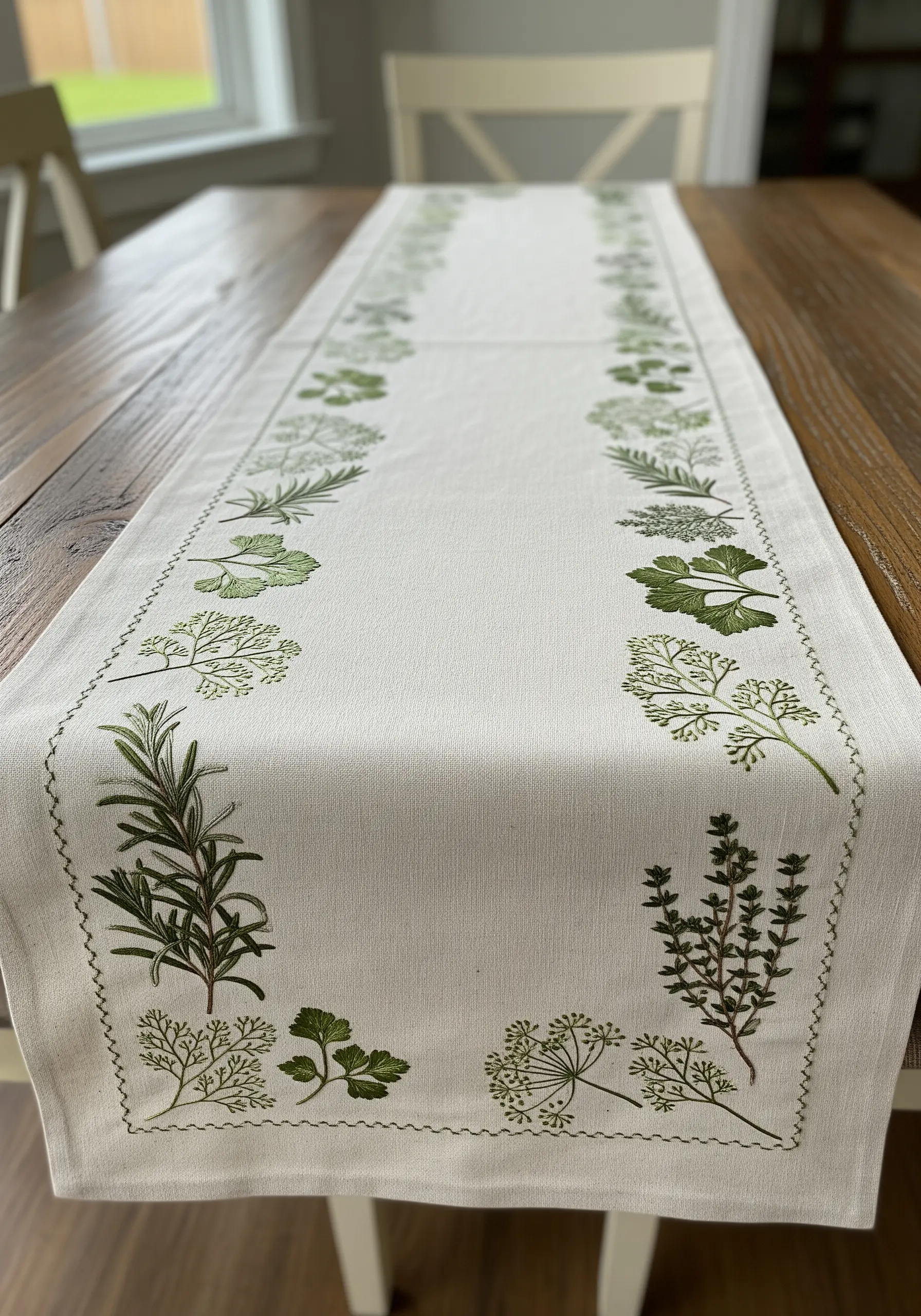 A white table runner embroidered with a delicate border of various green herbs.