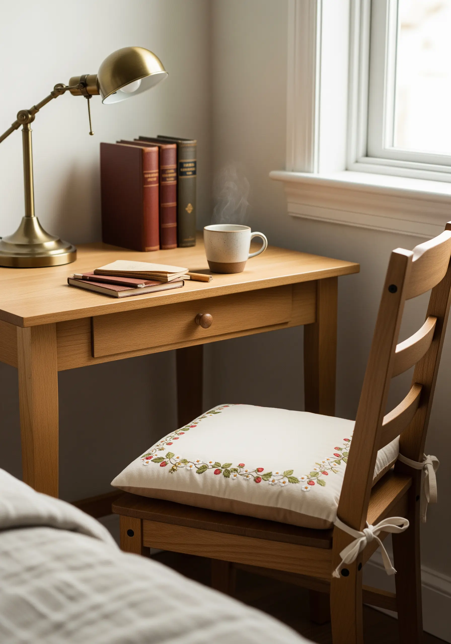 A cream-colored chair cushion with a delicate embroidered border of strawberries and vines.