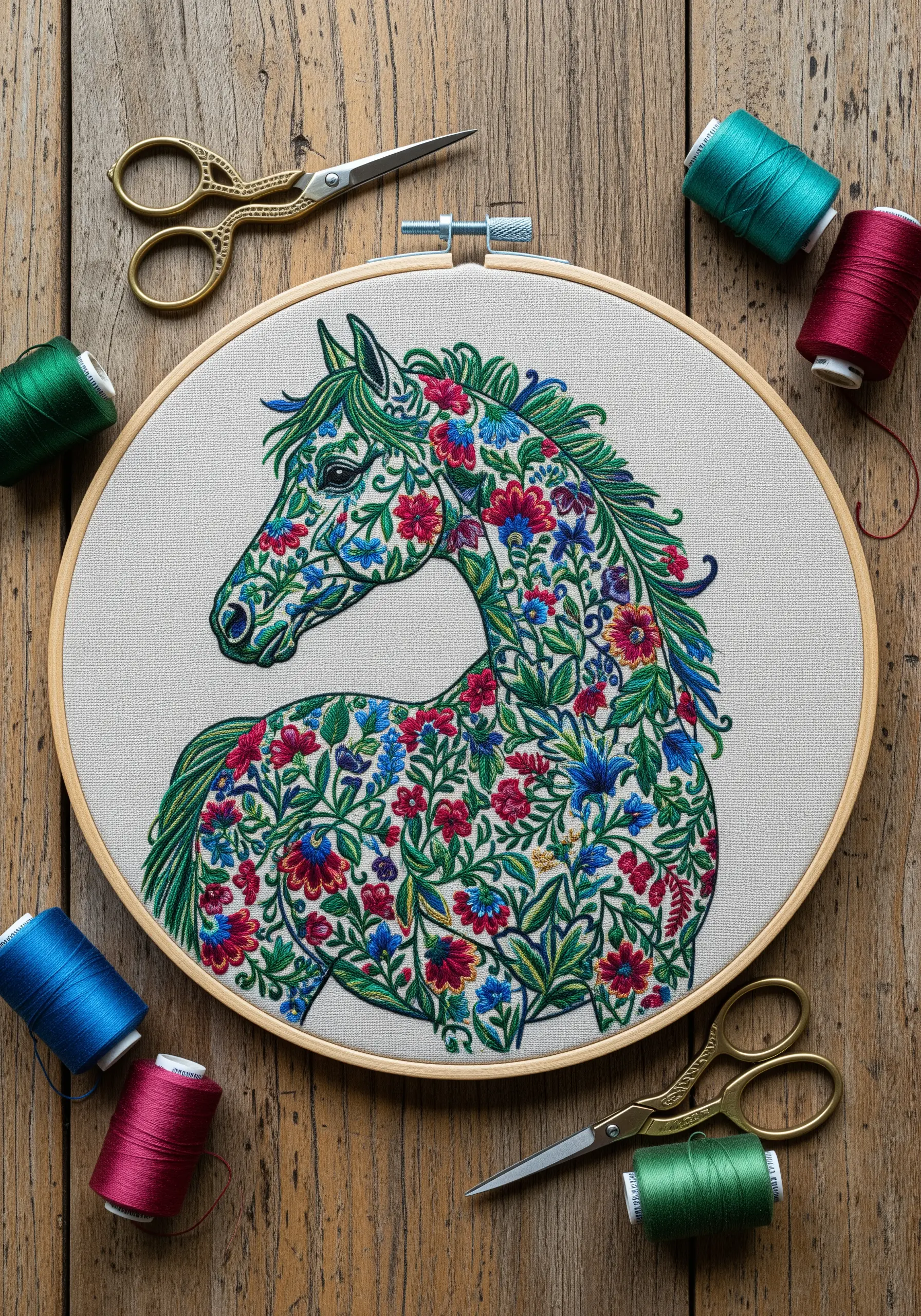 Horse silhouette filled with intricate red, blue, and green floral embroidery in a hoop.