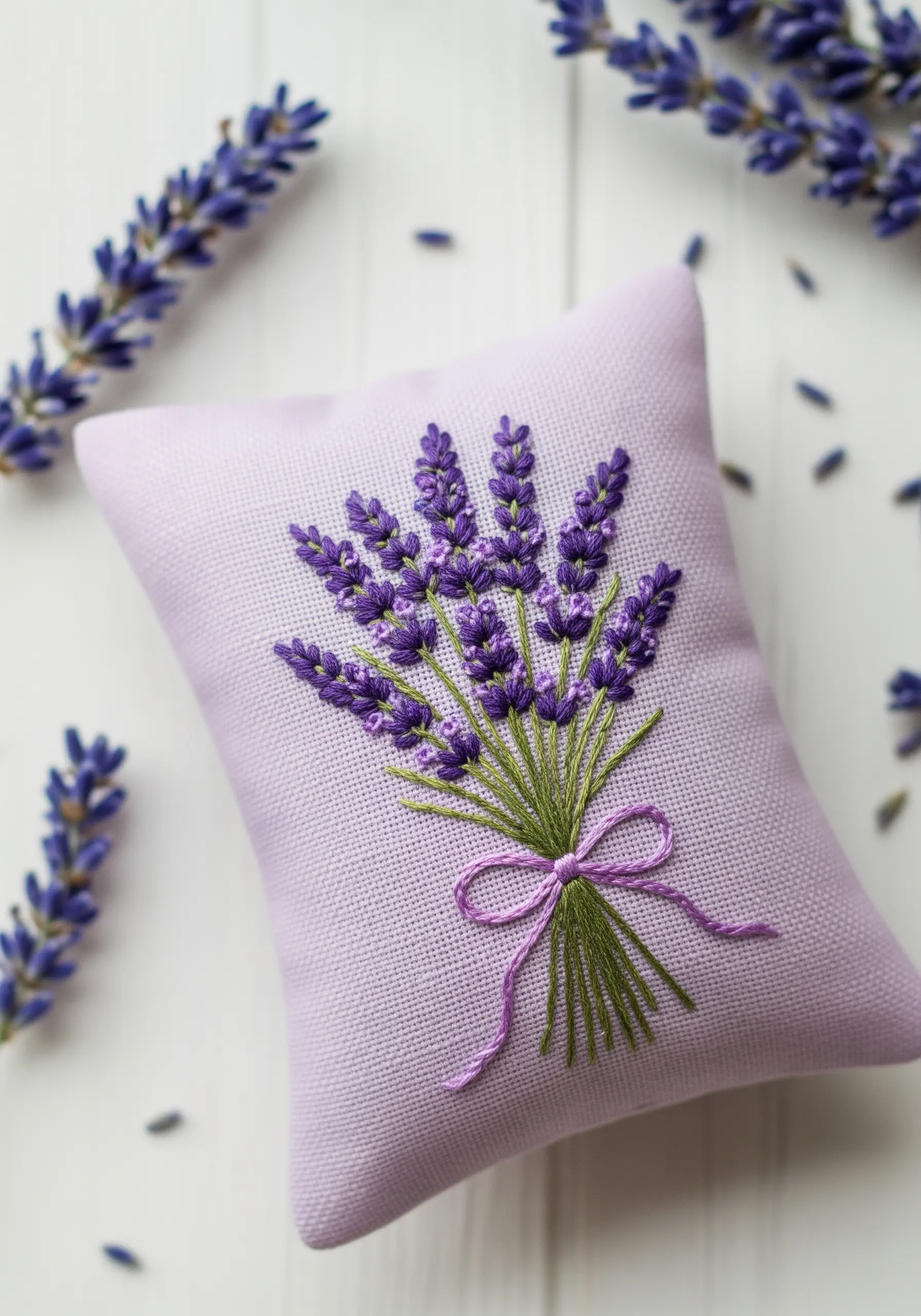 A small, lavender-colored sachet embroidered with a bouquet of purple lavender flowers.