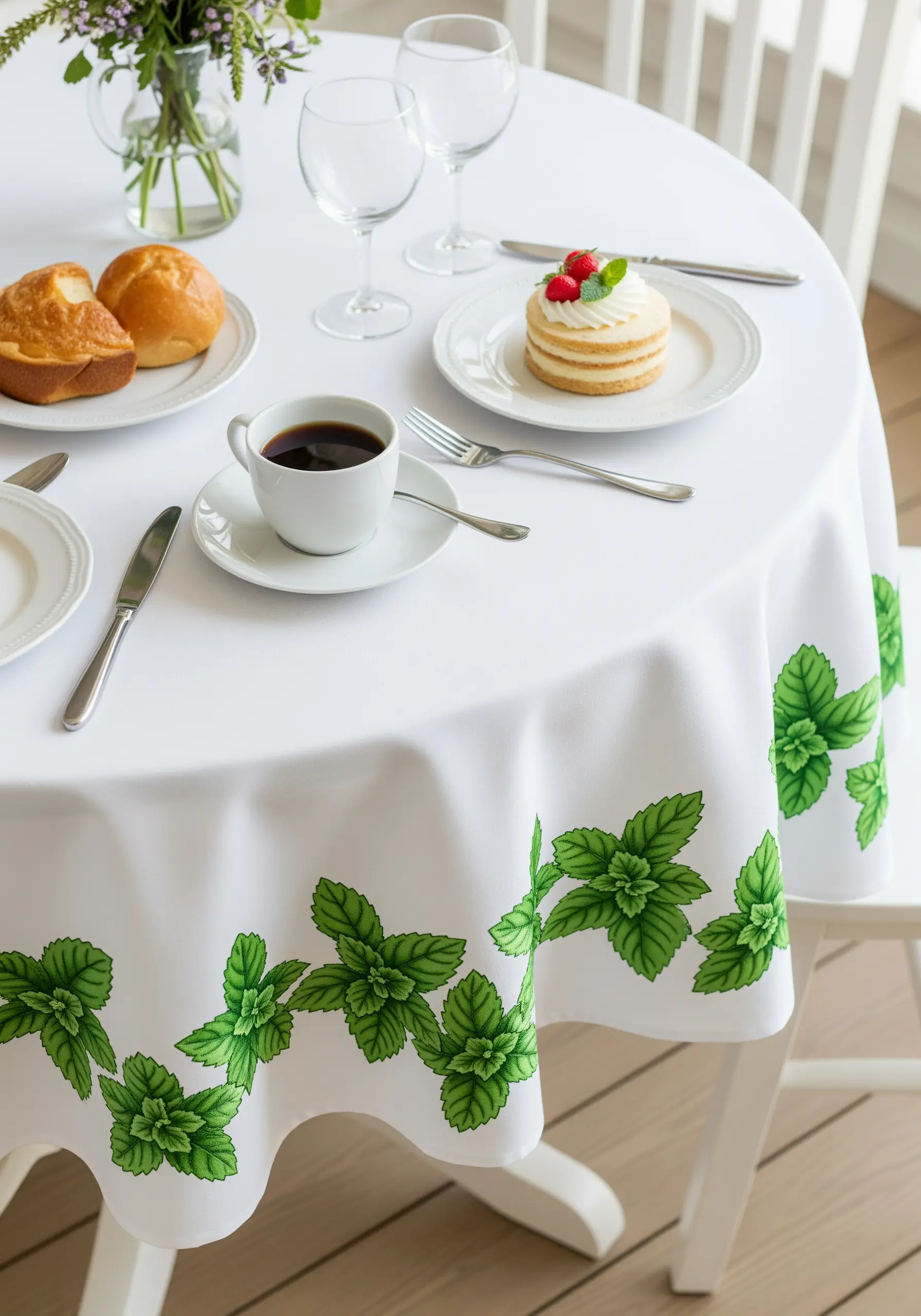 A vibrant border of fresh green mint leaves around the edge of a white tablecloth.
