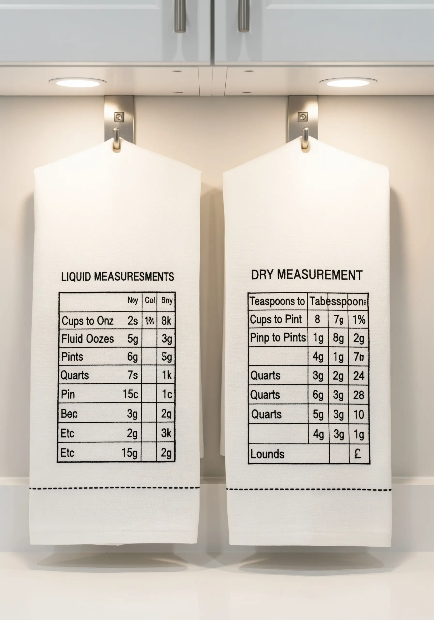 Two white tea towels embroidered with kitchen measurement conversion charts for liquids and dry goods.