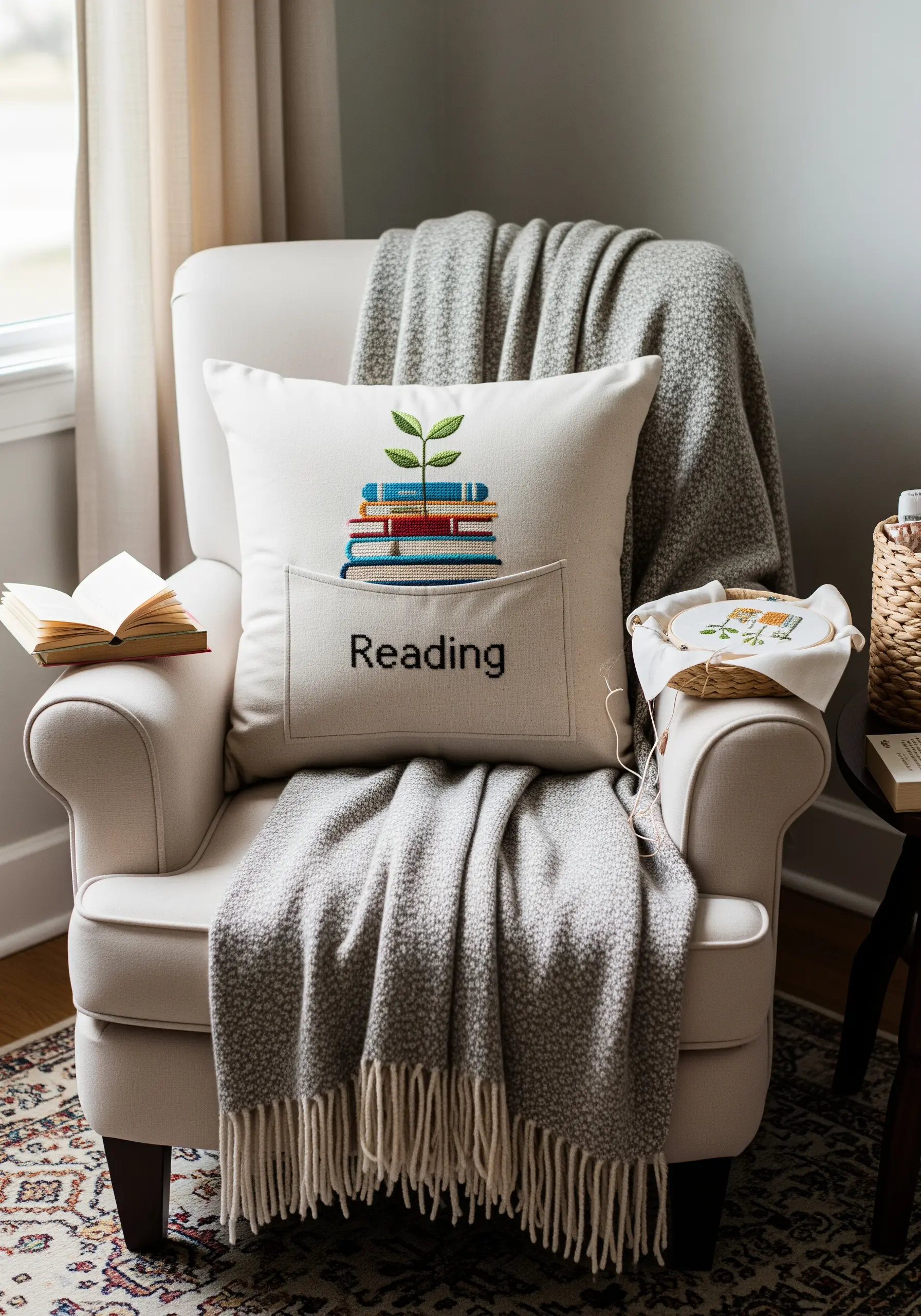 A cream-colored armchair with a pillow embroidered with books and a 'Reading' pocket.