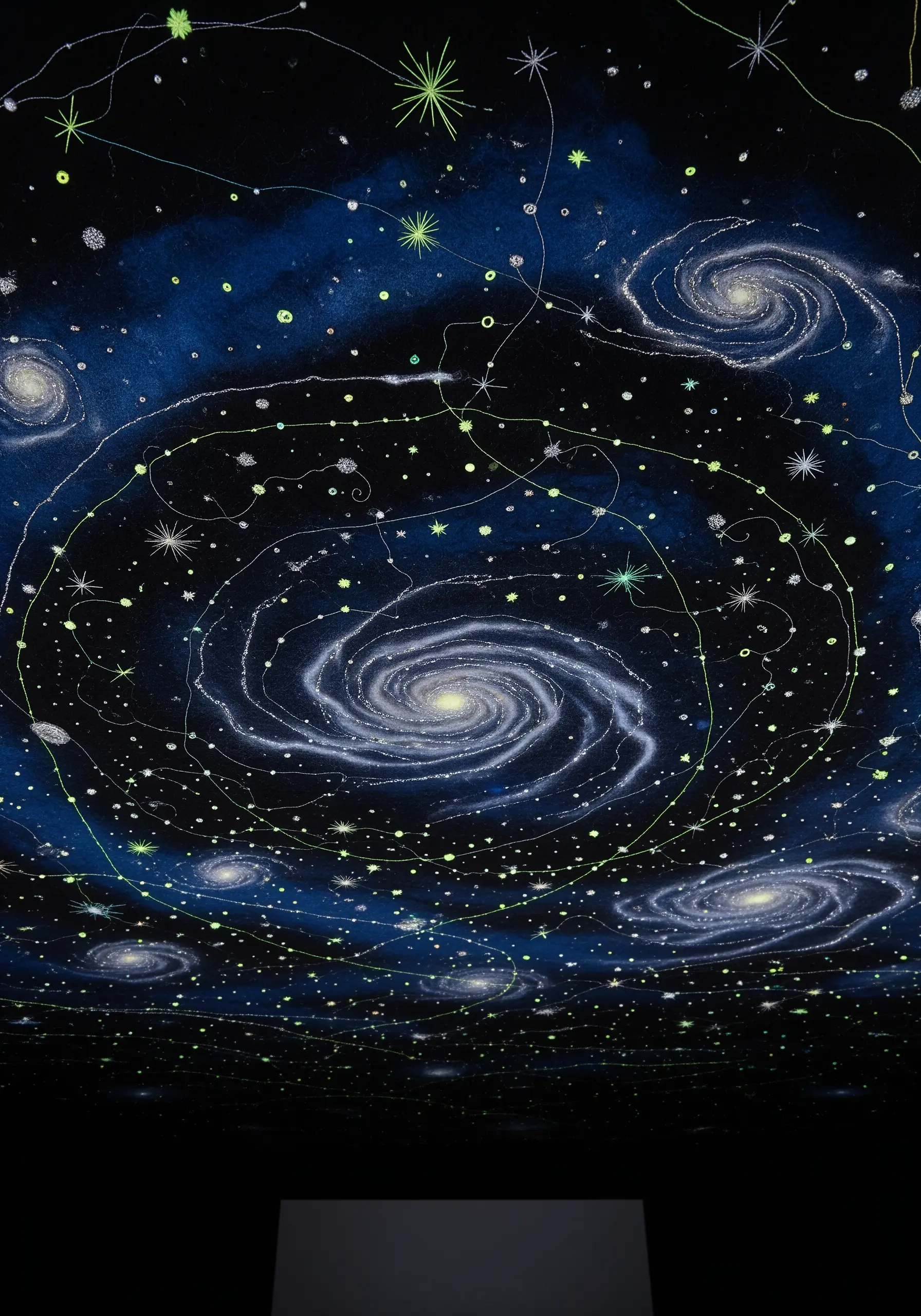 A dark ceiling painted and stitched to look like a vast galaxy with glowing spiral nebulae and stars.