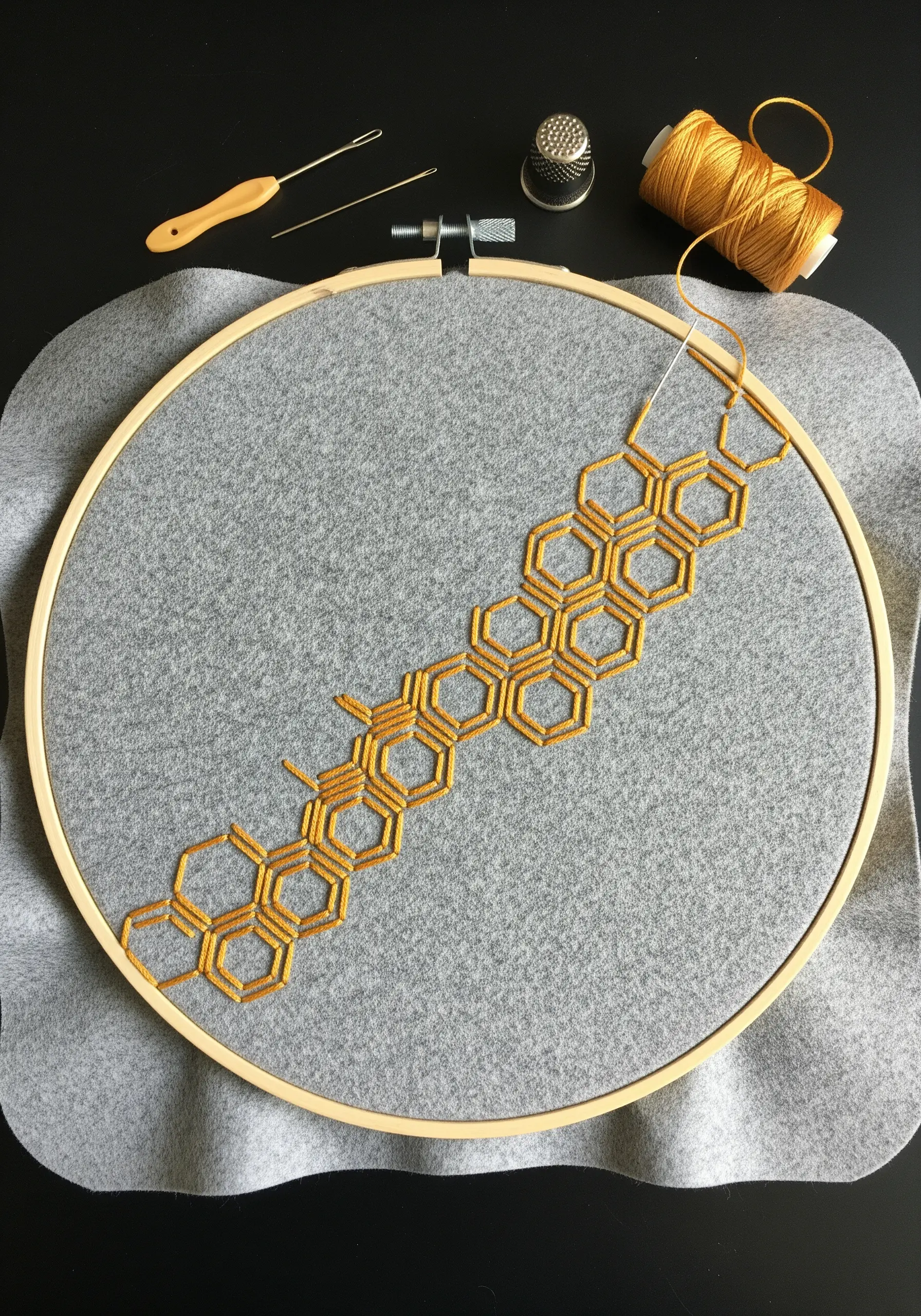 A geometric honeycomb pattern stitched in gold thread on grey felt.