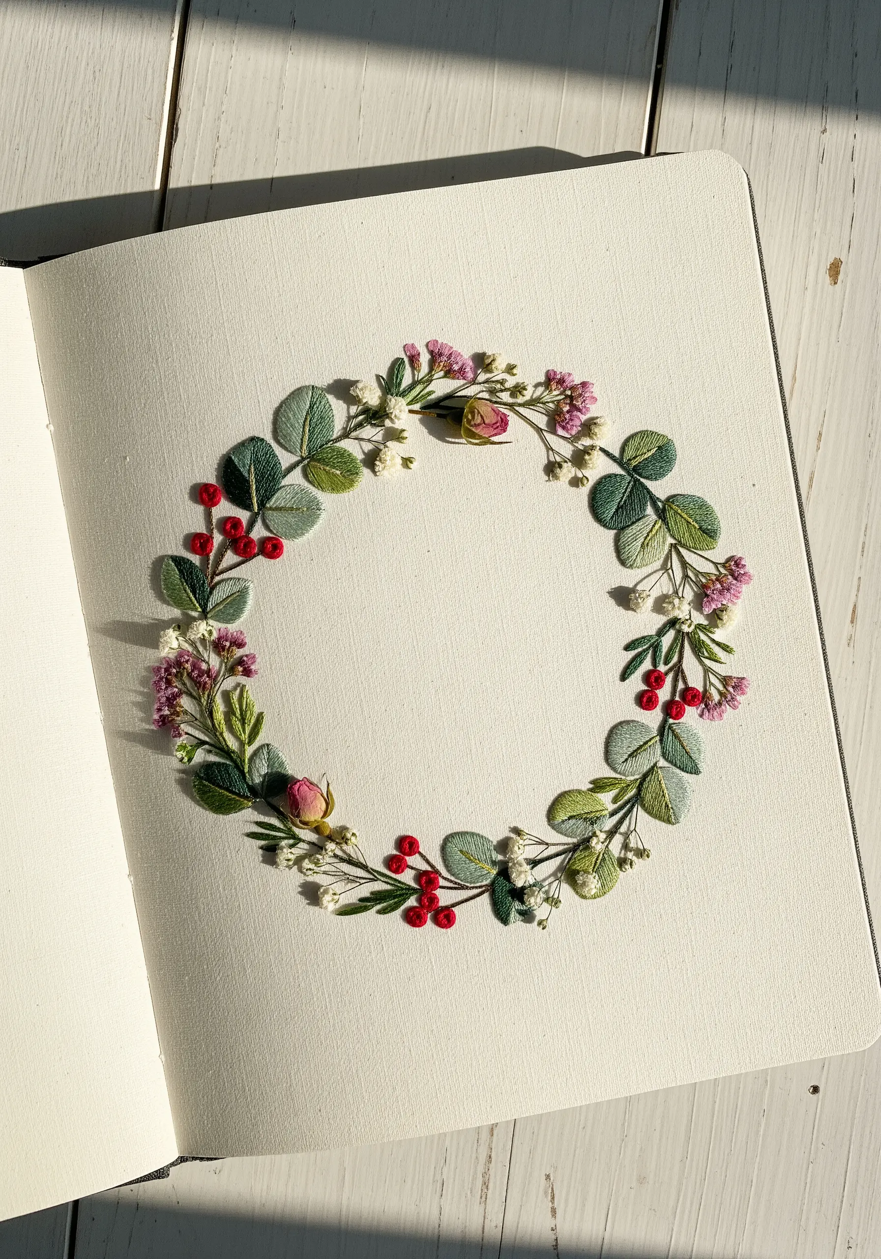 A delicate wreath combining pressed flowers with embroidered leaves and berries.