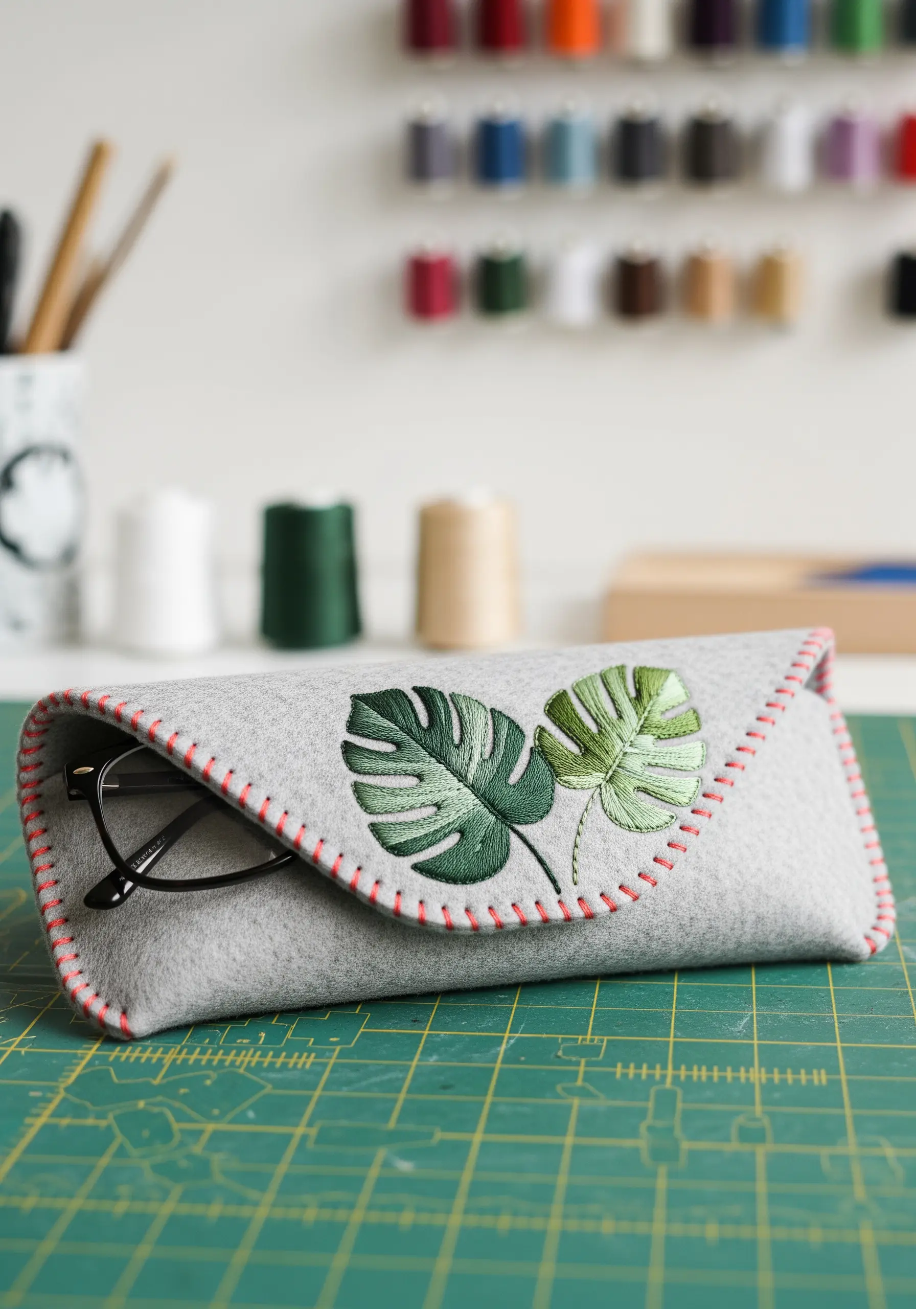 A grey felt eyeglass case decorated with beautifully shaded, embroidered monstera leaves.