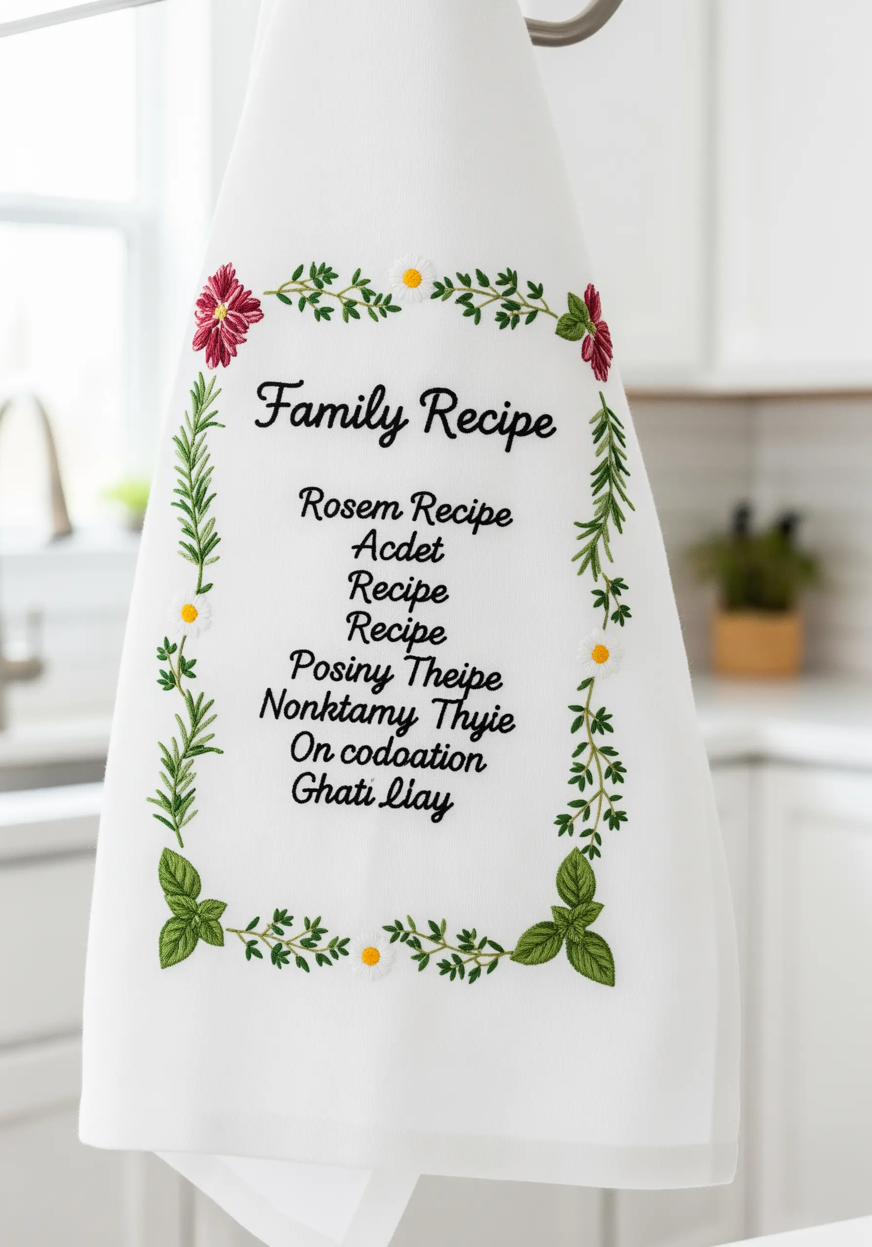 An heirloom recipe embroidered on a white tea towel framed by stitched herbs and flowers.