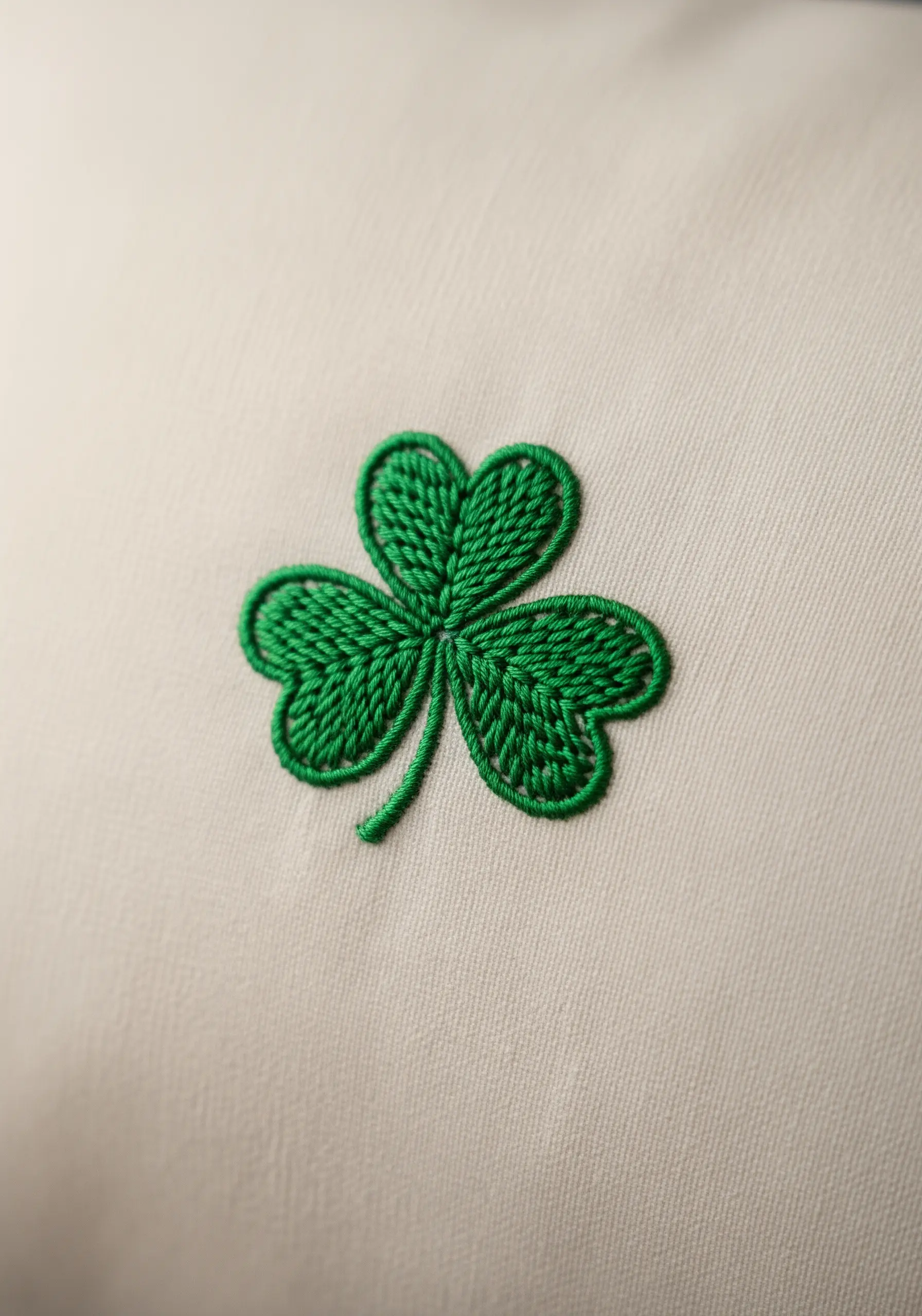 A bright green, three-leaf shamrock with detailed stitching on an off-white pillowcase.