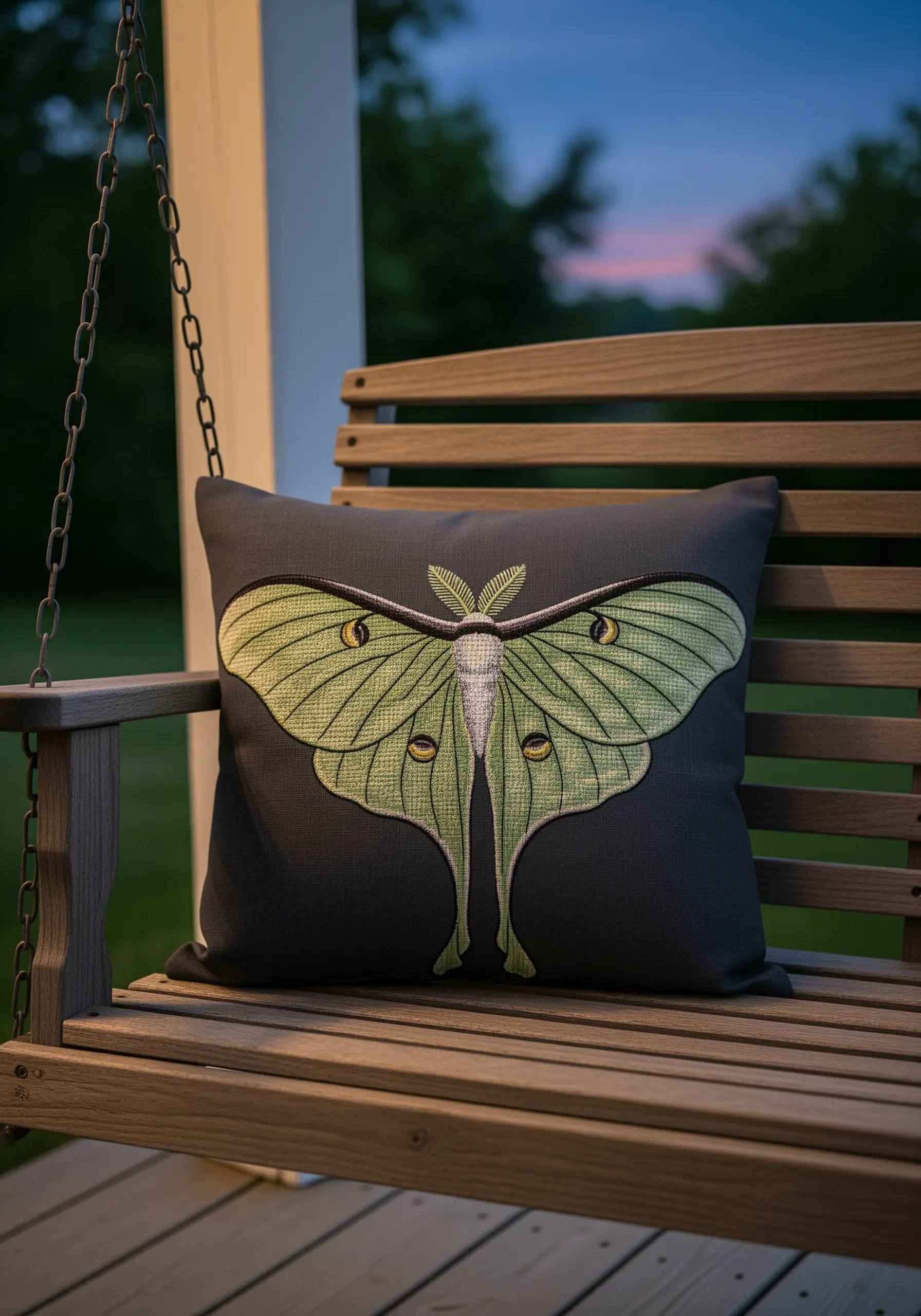 A large, pale green luna moth embroidered on a dark grey cushion on a porch swing.