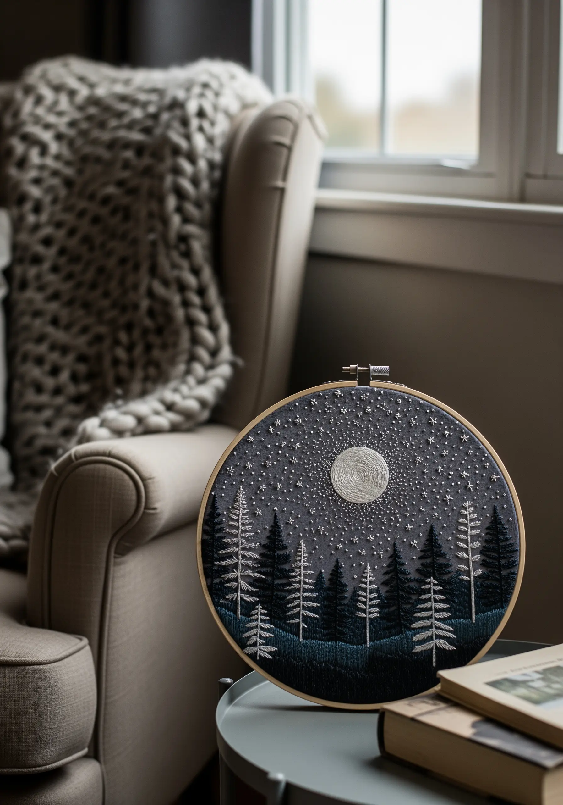Night sky embroidery with a spiraled white moon and scattered French knot stars.