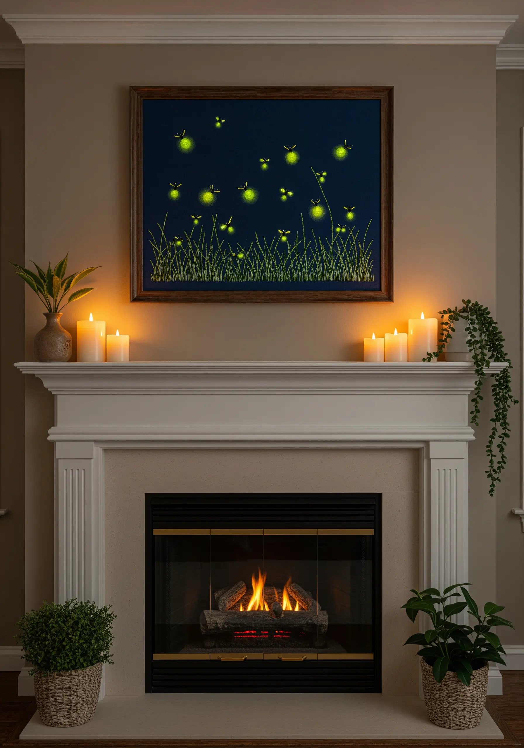Framed embroidery of glowing fireflies over a fireplace mantel lit by candles.
