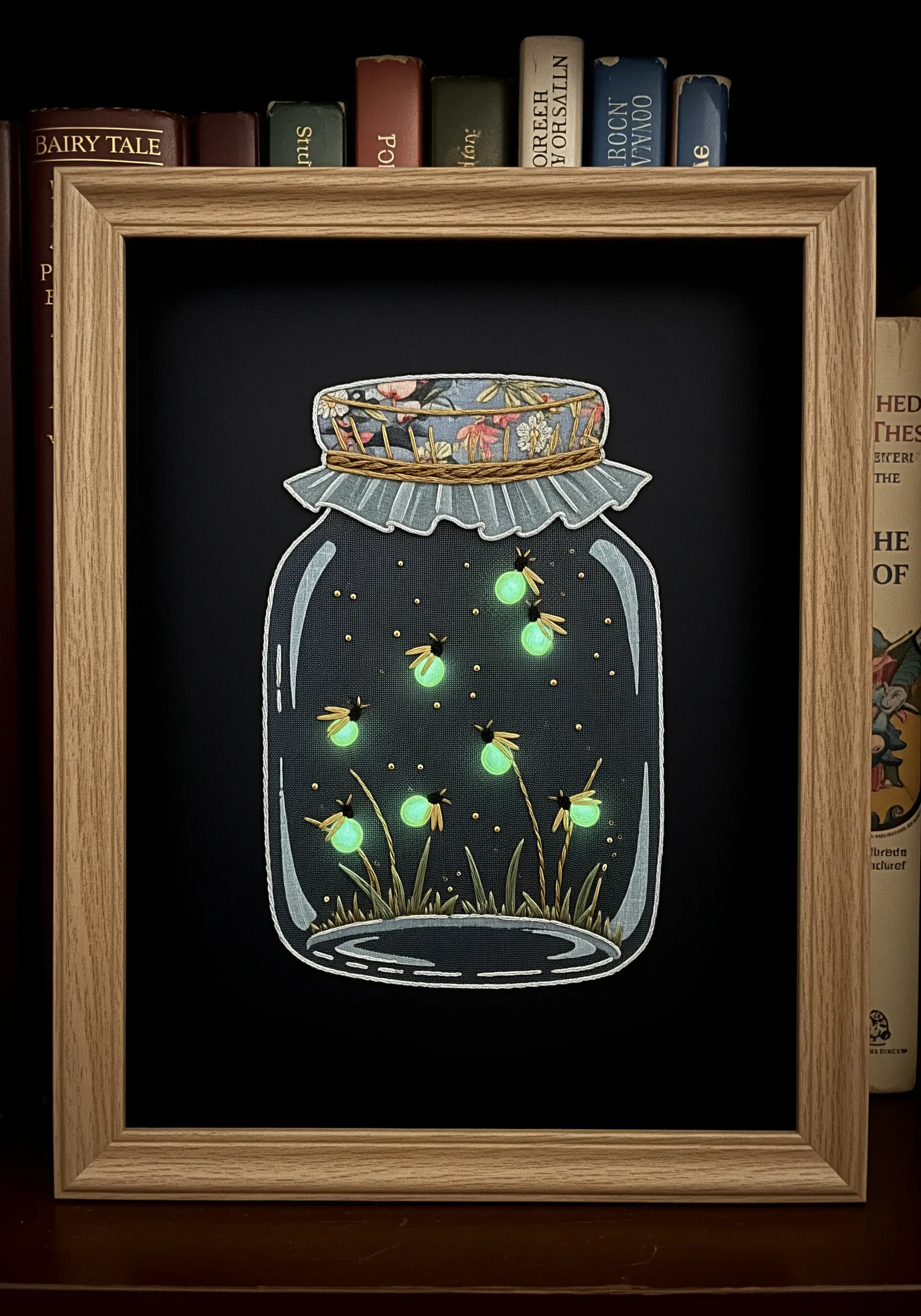 Embroidered fireflies in a jar using glow-in-the-dark thread.