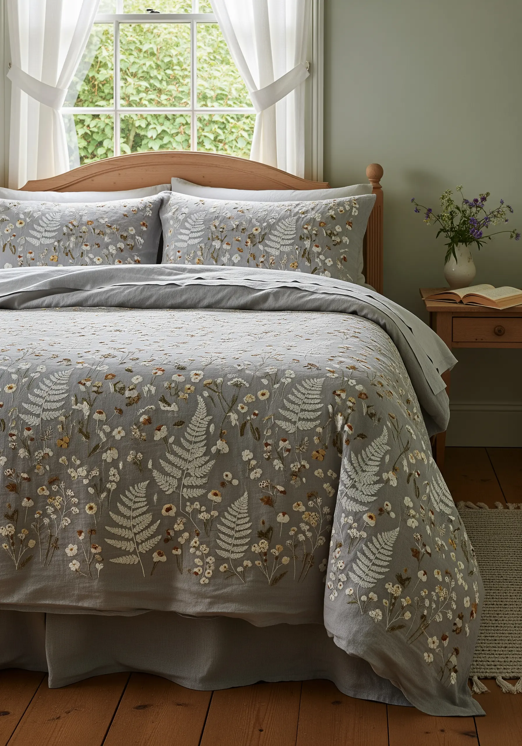 A gray duvet cover and pillows embroidered with an all-over pattern of white ferns and tiny flowers.