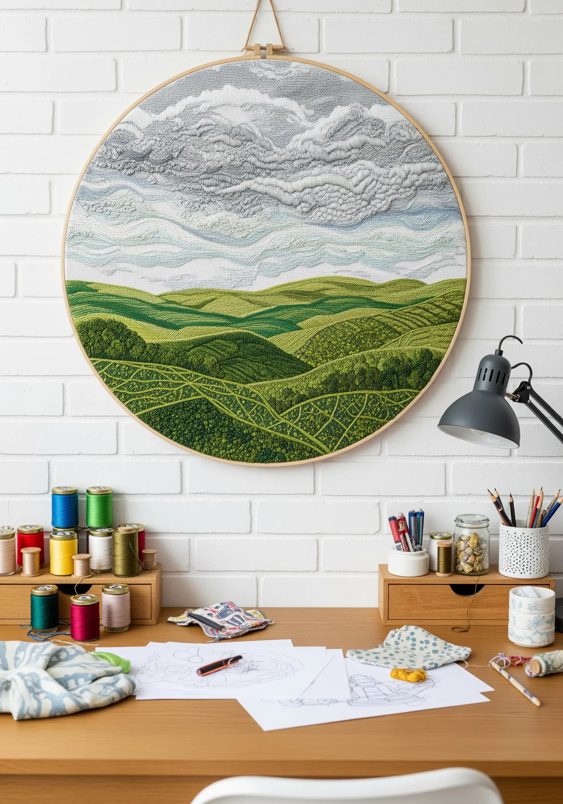 Large, detailed landscape embroidery in a hoop, showing textured hills and clouds