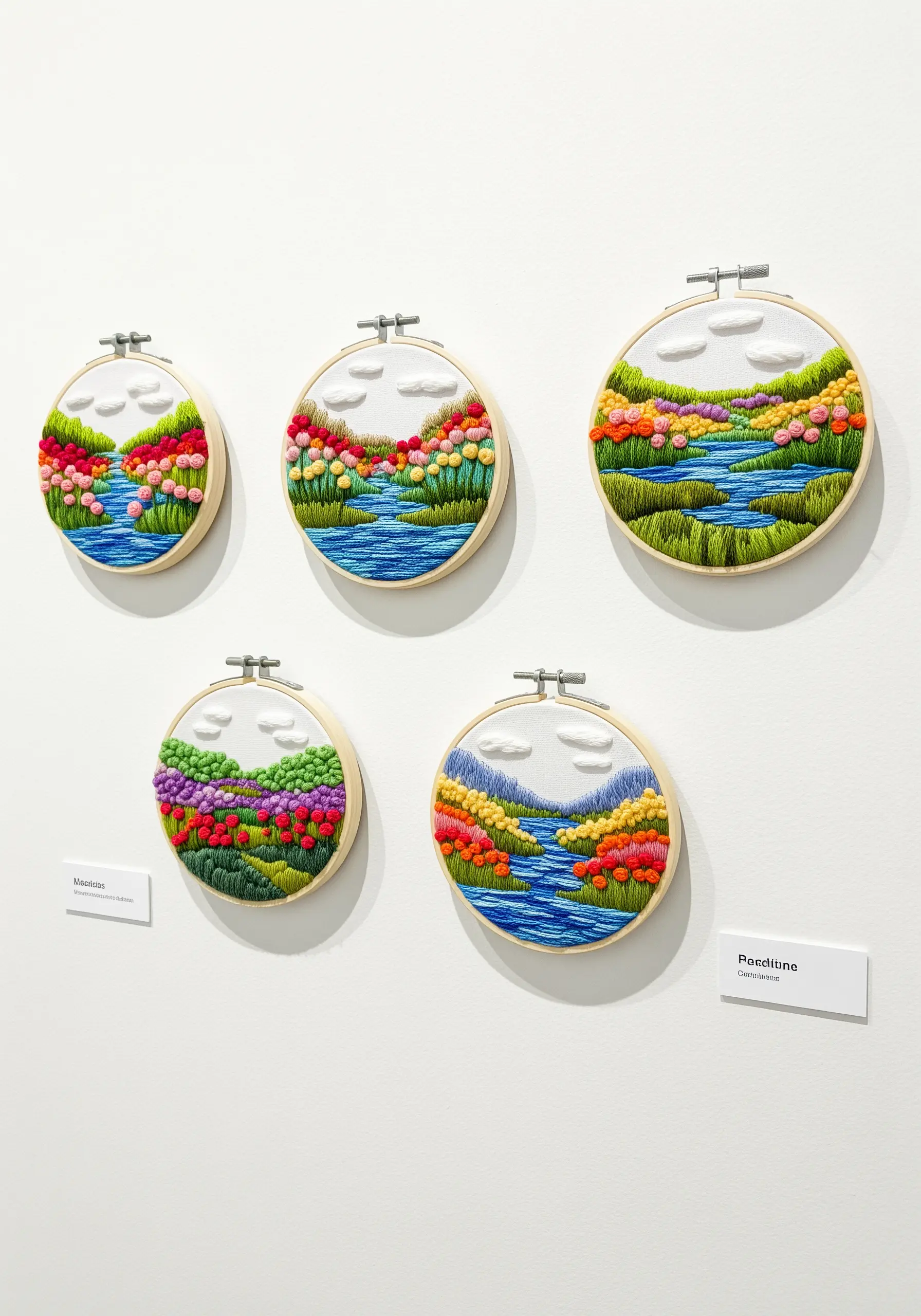 A gallery wall of five small embroidery hoops depicting colorful river landscapes.
