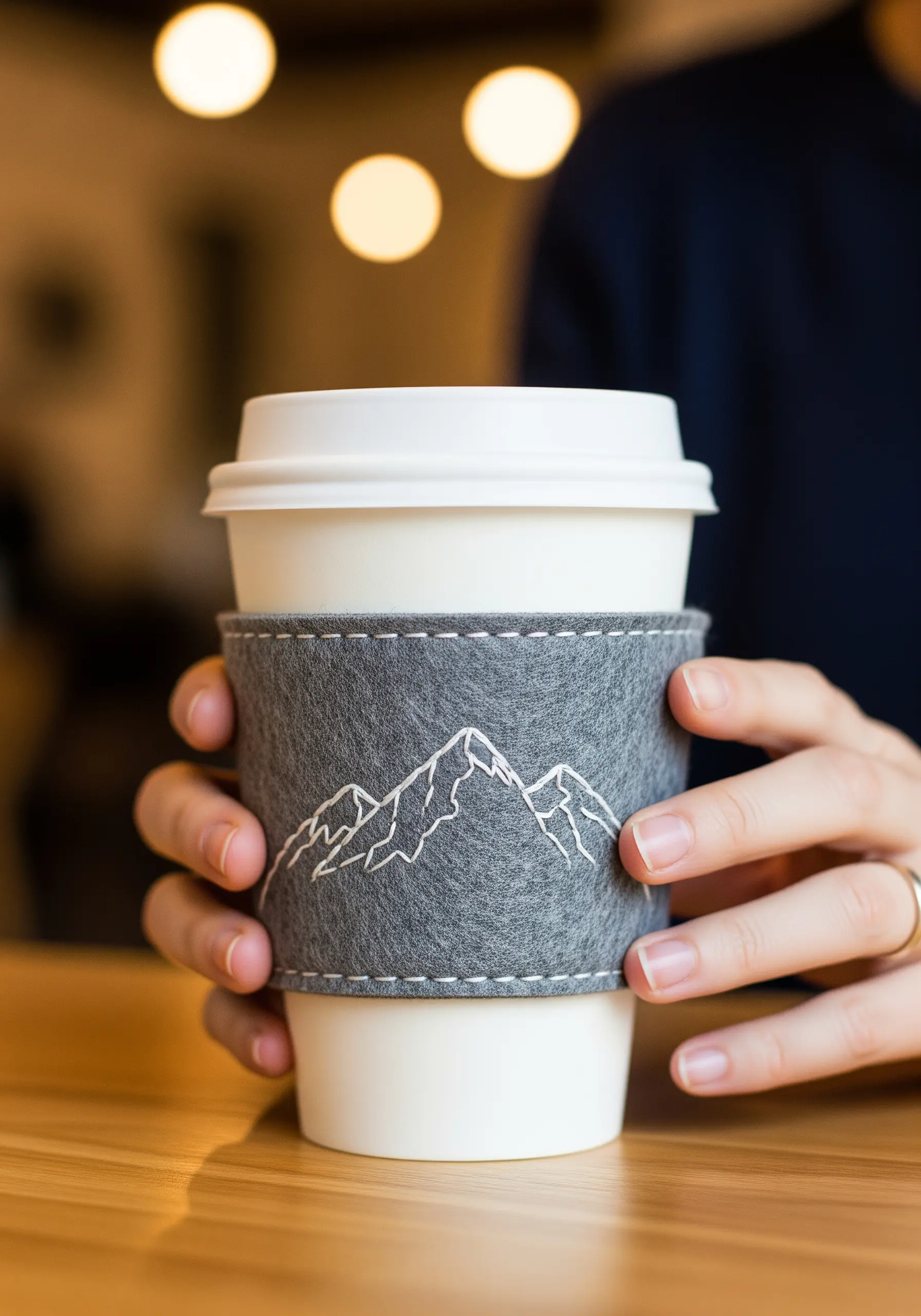 A grey felt coffee cup sleeve with a minimalist mountain range stitched in white thread.