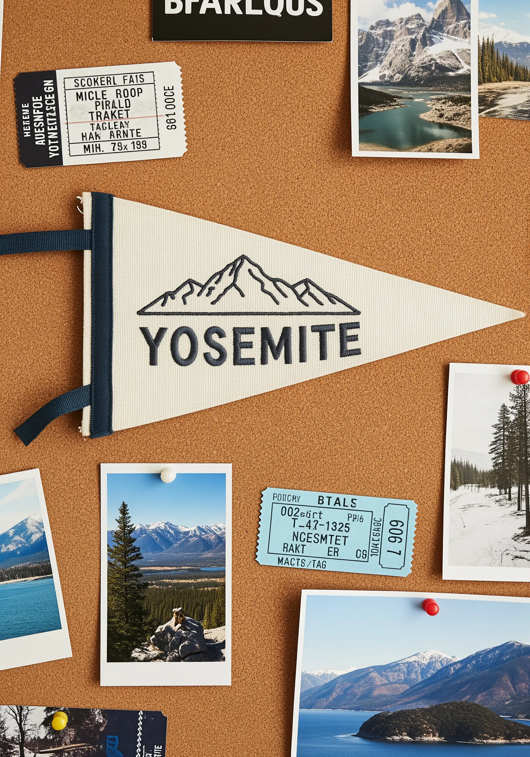 A cream-colored triangular pennant with a black line-art embroidery of the Yosemite logo.