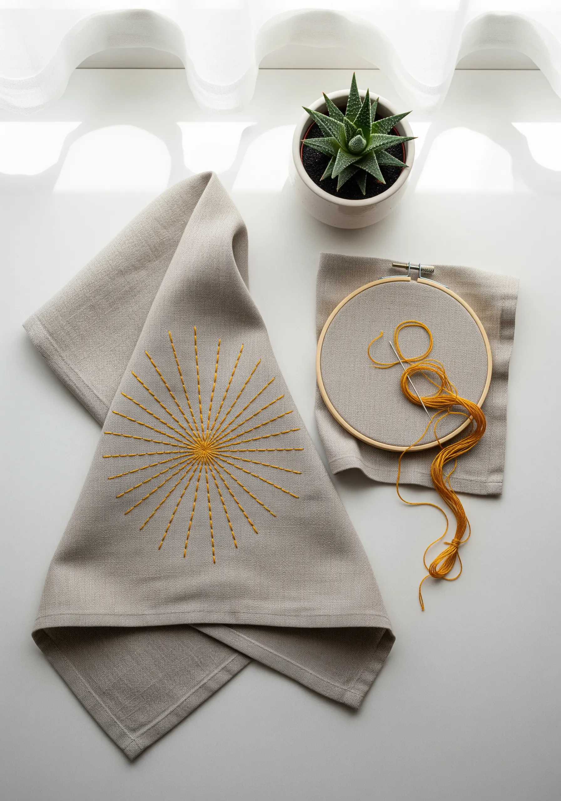 A minimalist sunburst design stitched in yellow thread on a natural linen tea towel.