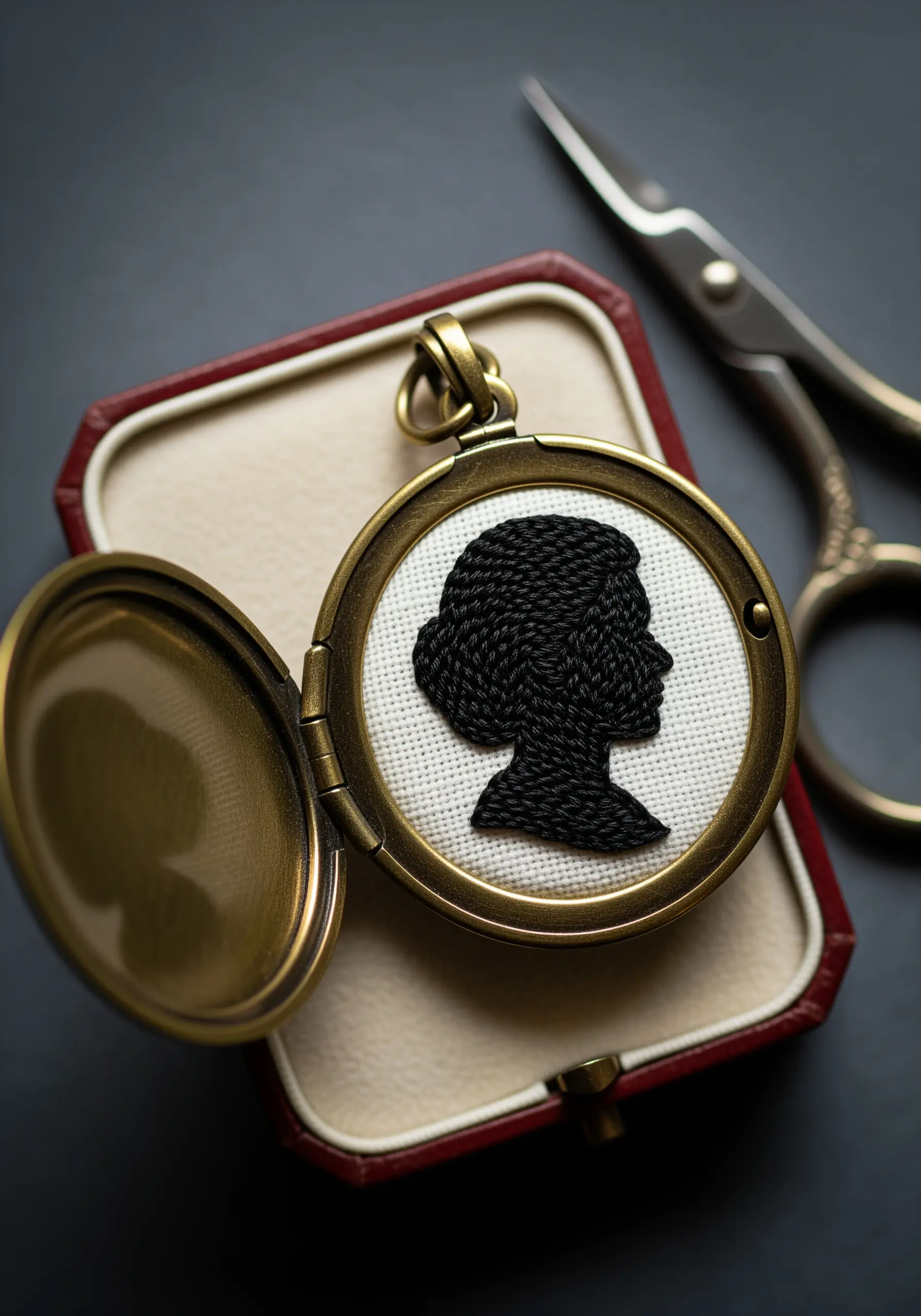 A tiny, intricate silhouette of a woman's head stitched in black thread inside a vintage-style locket.