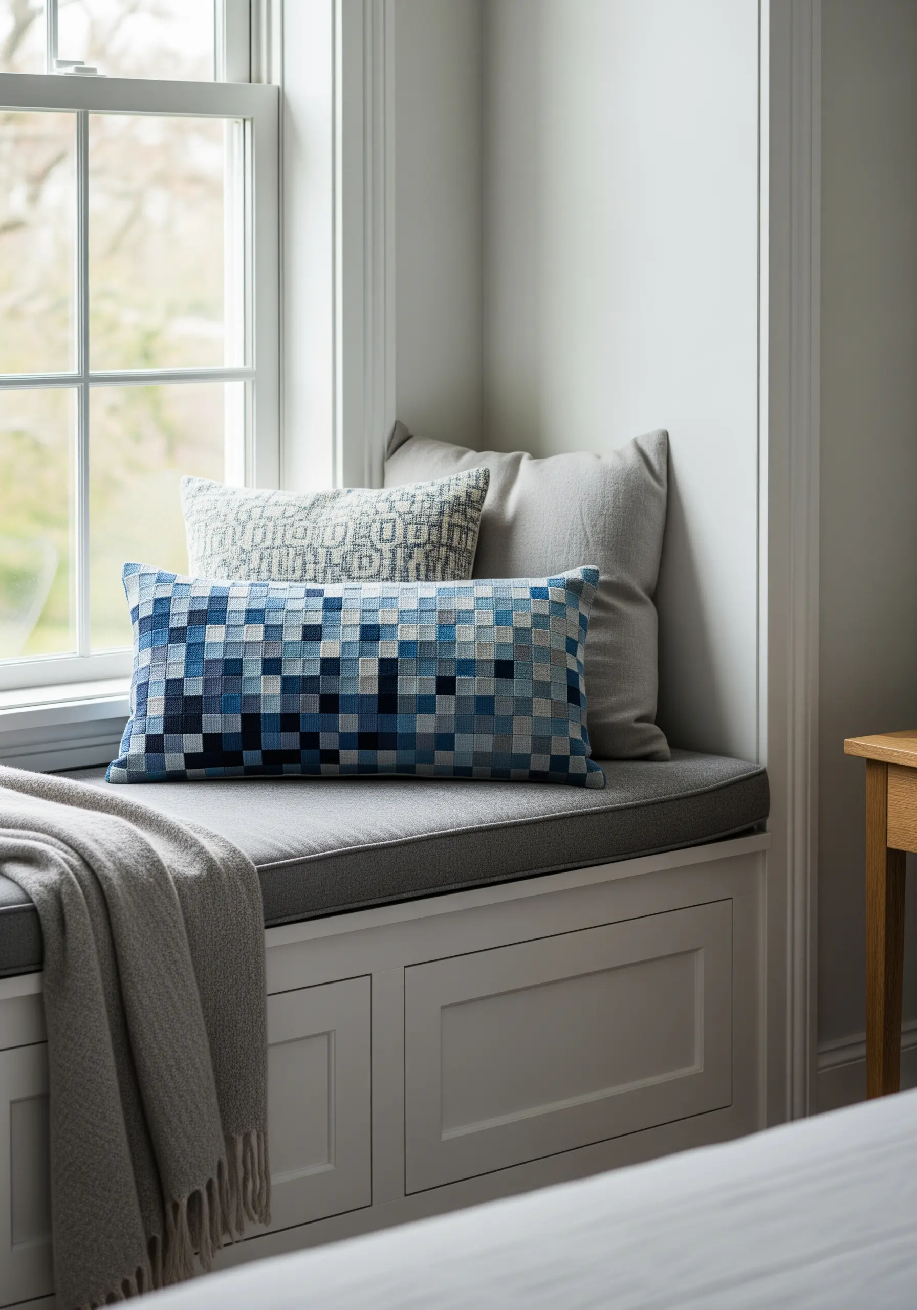 A lumbar pillow with a pixelated, mosaic-like pattern in shades of blue, black, and white.