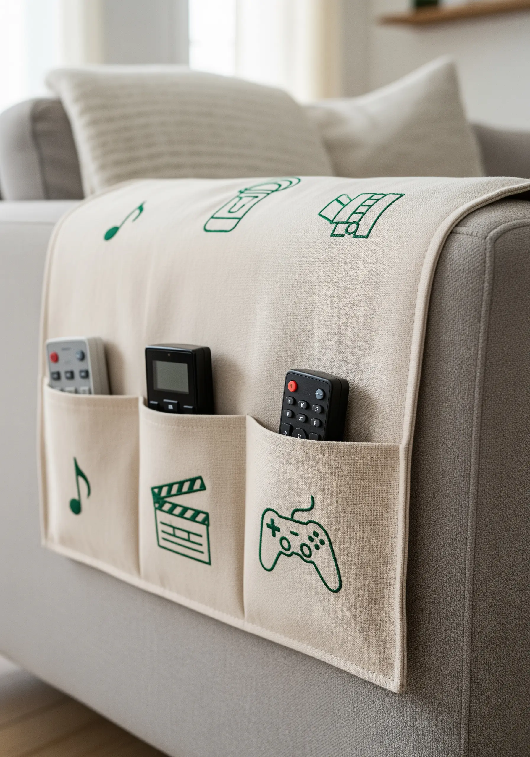 A beige sofa armrest organizer with pockets embroidered with simple green line-art icons.